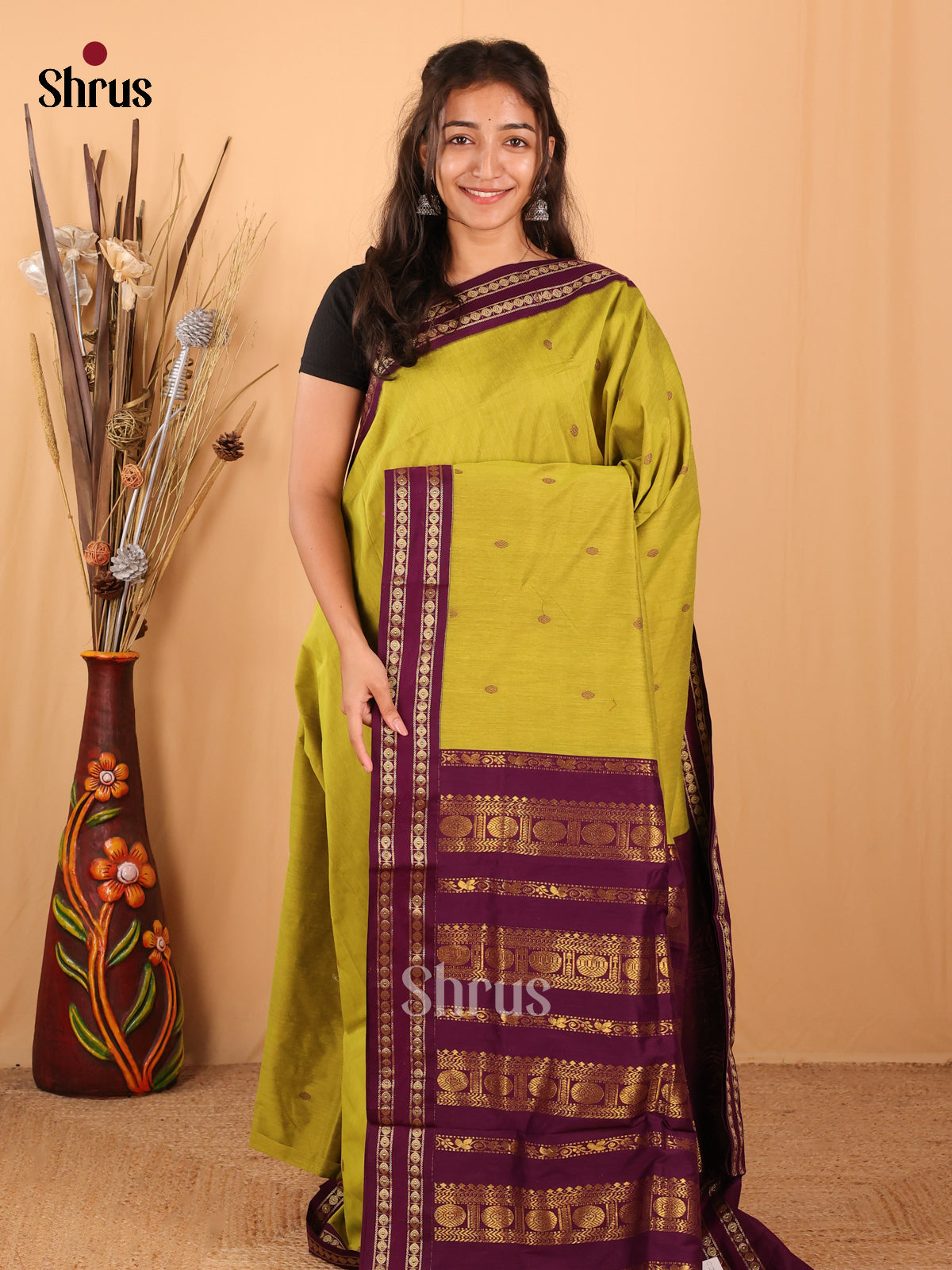 Lite Green & Purple - Kalyani Cotton Saree - Shop on Shrus.com