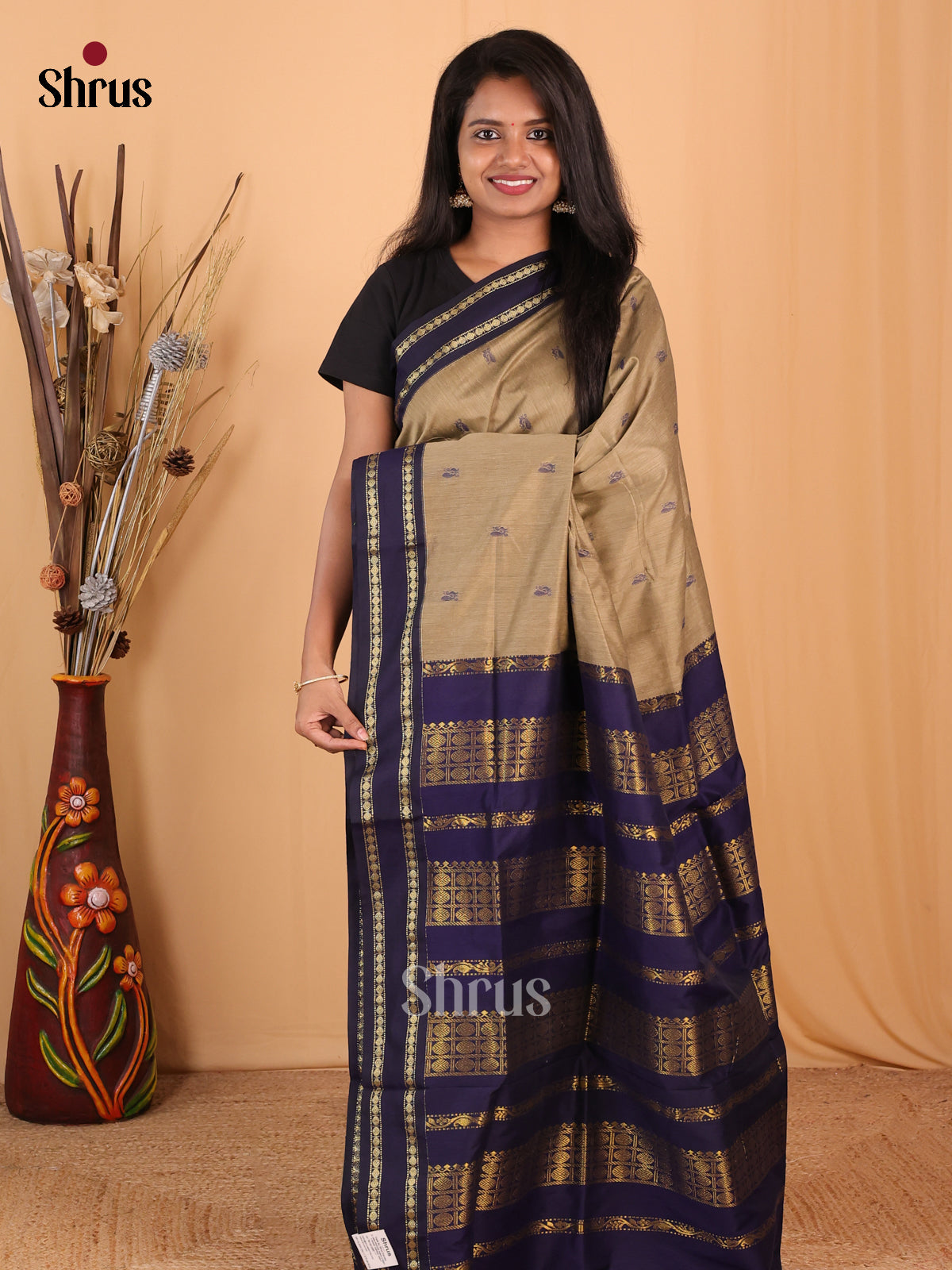 Beige & Blue- Kalyani Cotton Saree - Shop on Shrus.com