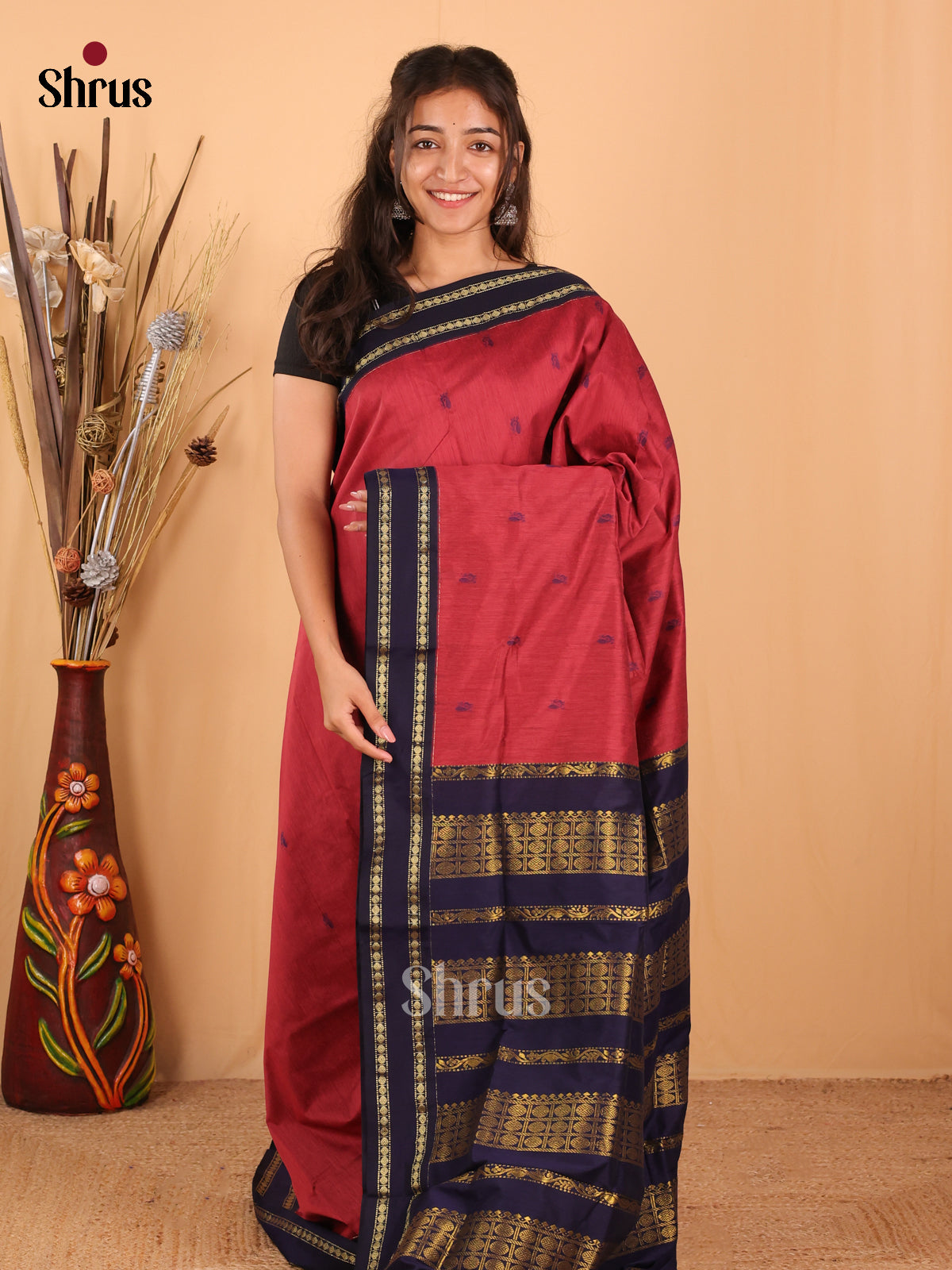 Maroon & Blue - Kalyani Cotton Saree - Shop on Shrus.com