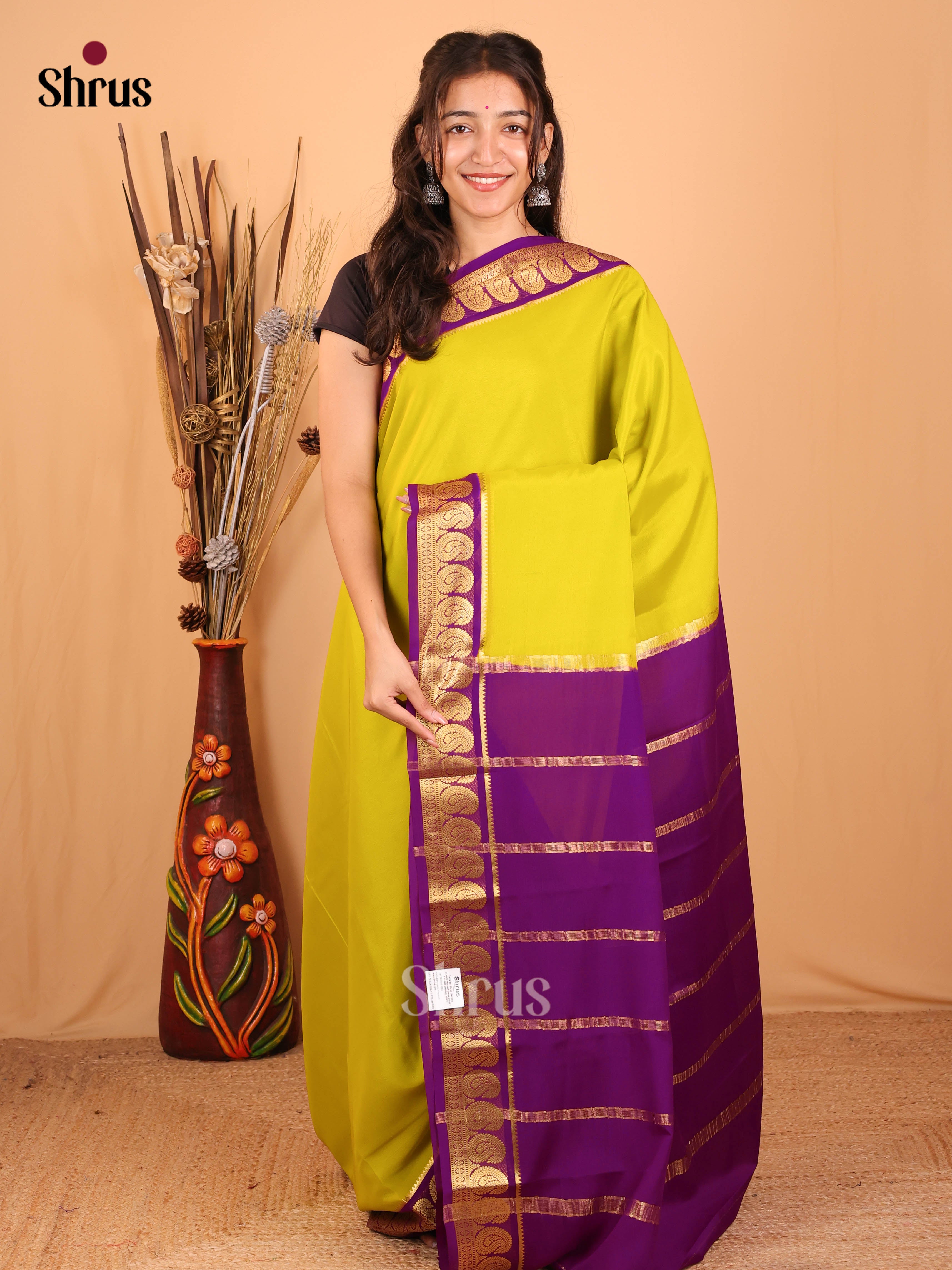 Lime Green & Purple - Mysore Silk Saree - Shop on Shrus.com