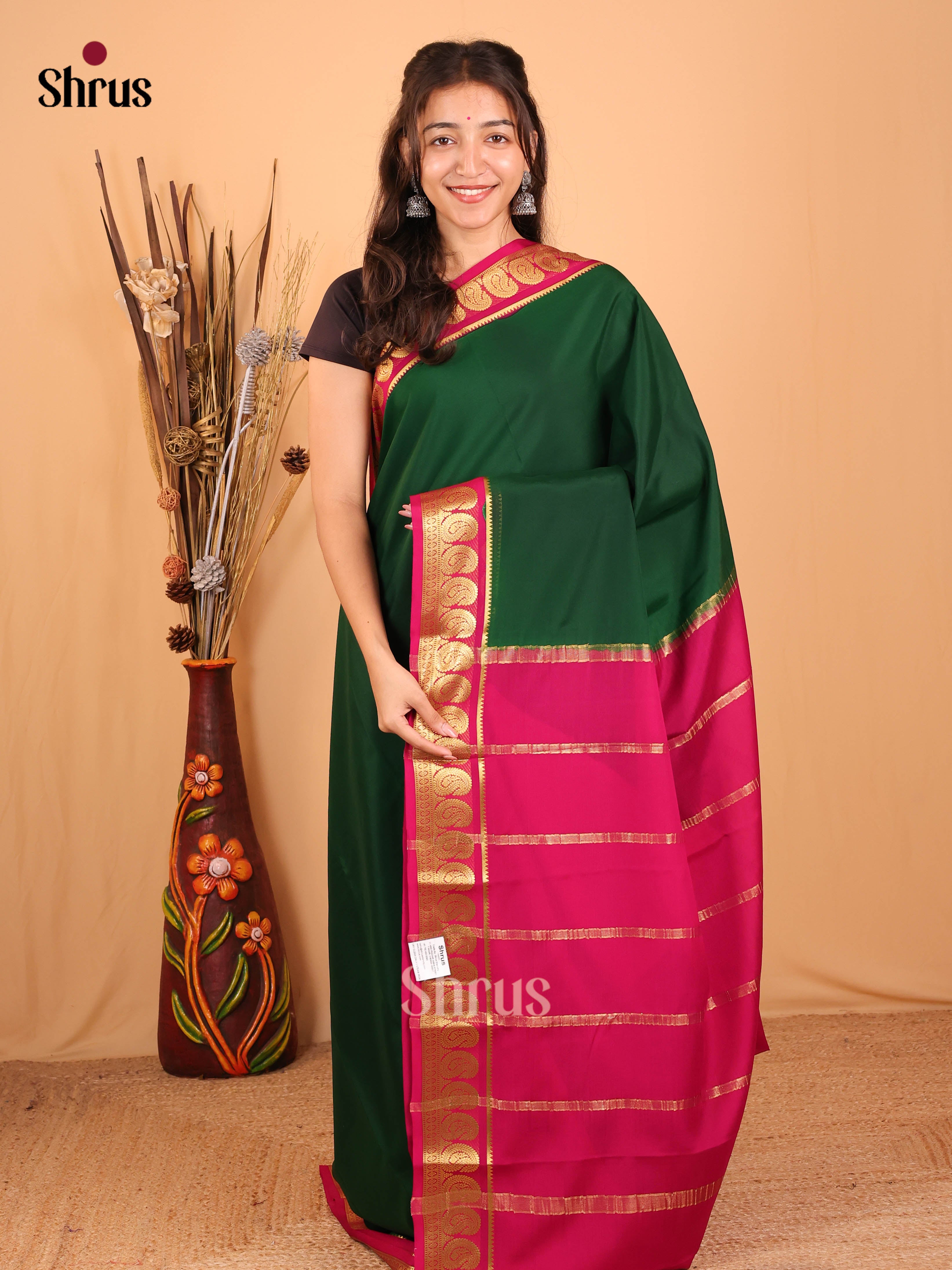 Bottle Green & Majenta - Mysore Silk Saree - Shop on Shrus.com