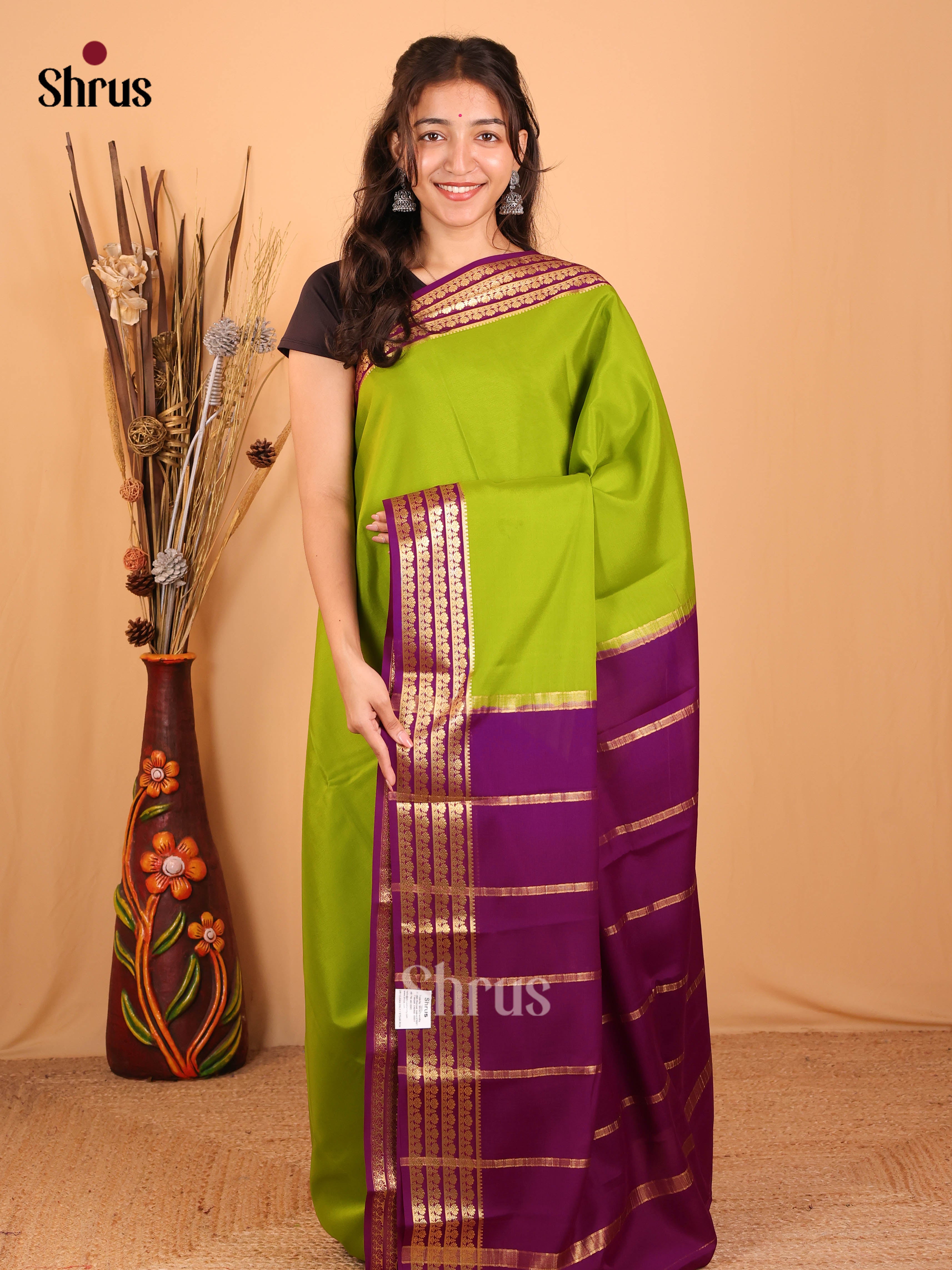Lite Green & Purple - Mysore Silk Saree - Shop on Shrus.com