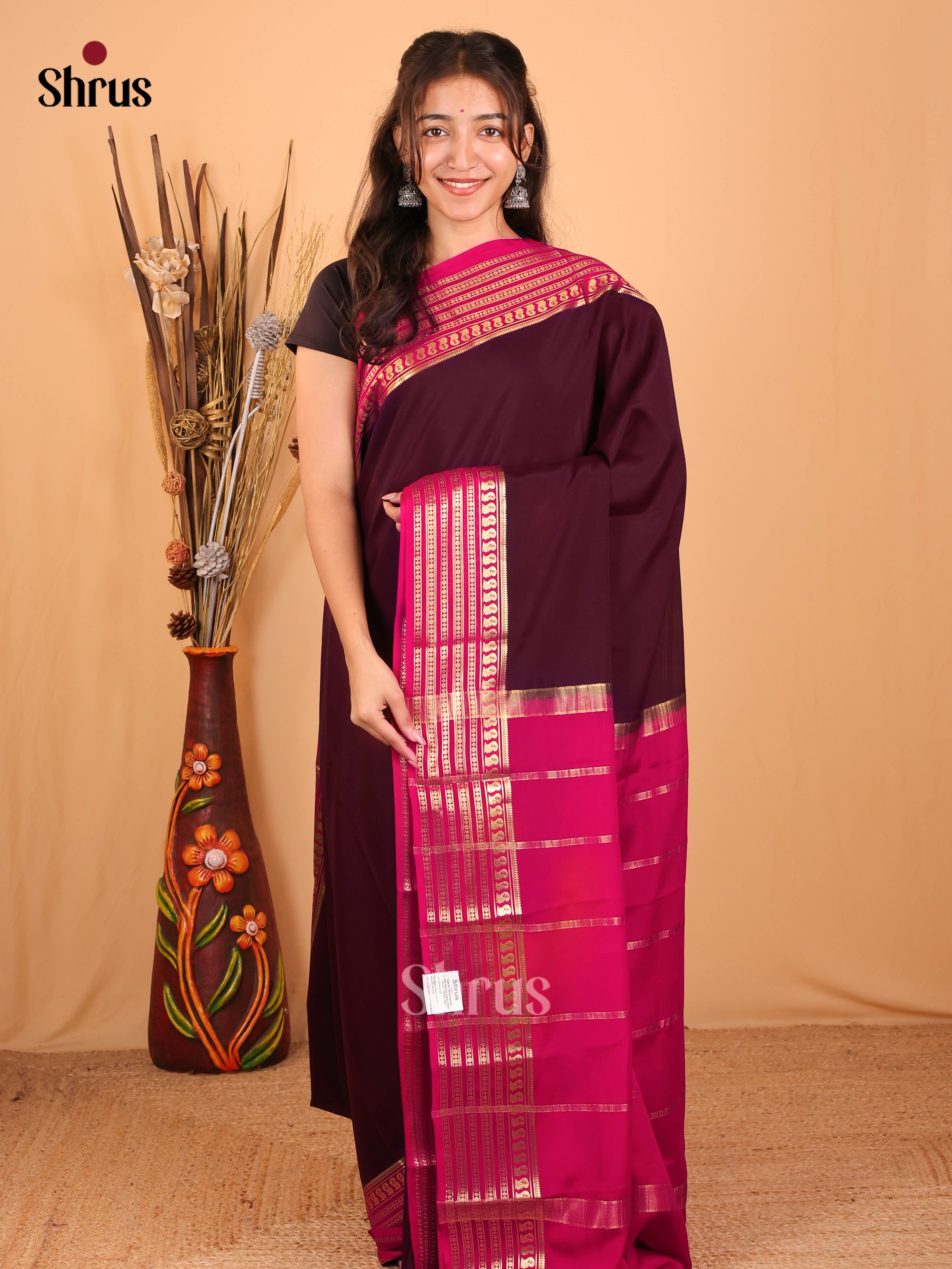 Brown & Maroon- Mysore Silk Saree - Shop on Shrus.com