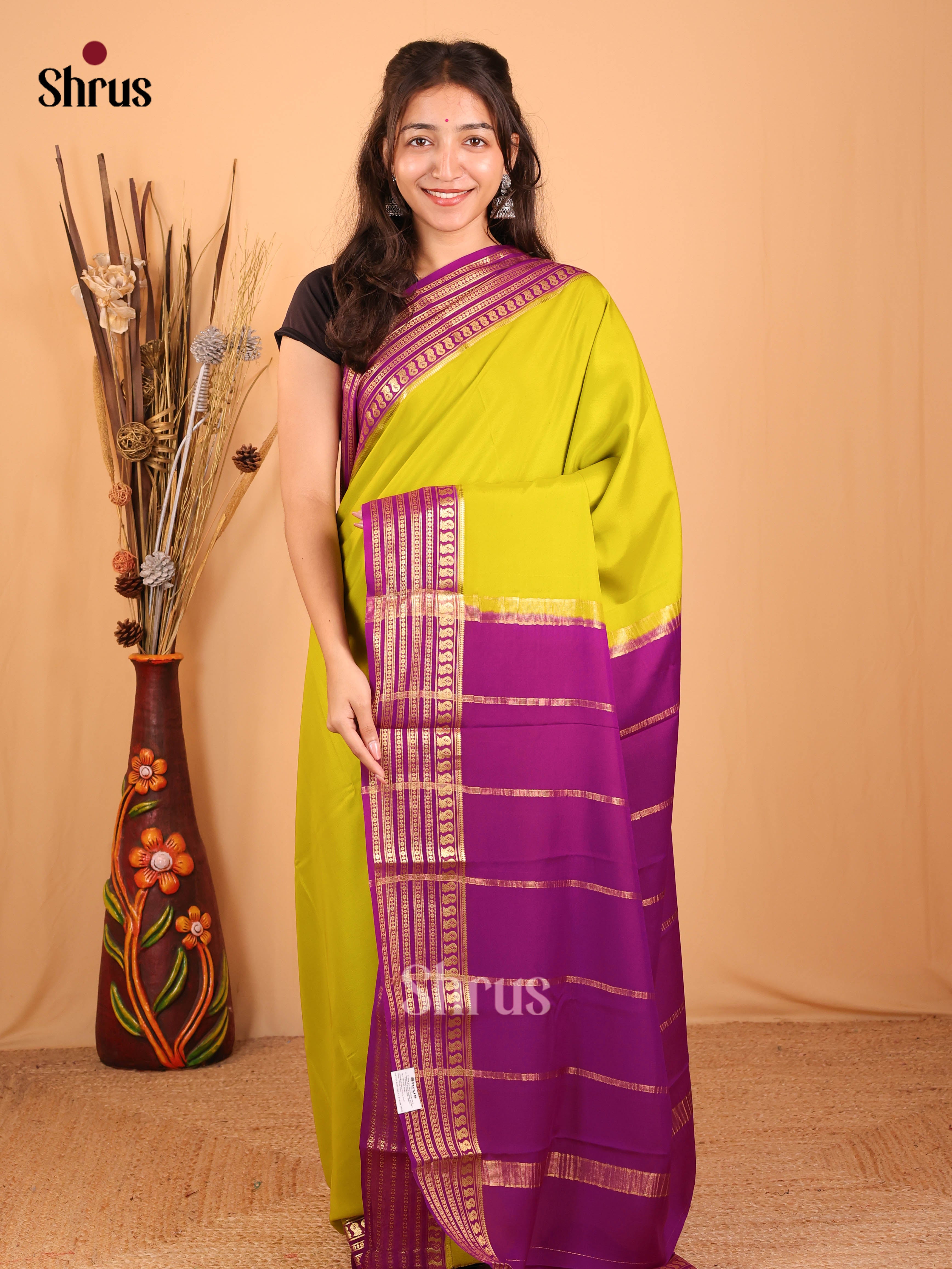 Lime Green & Purple - Mysore Silk Saree - Shop on Shrus.com