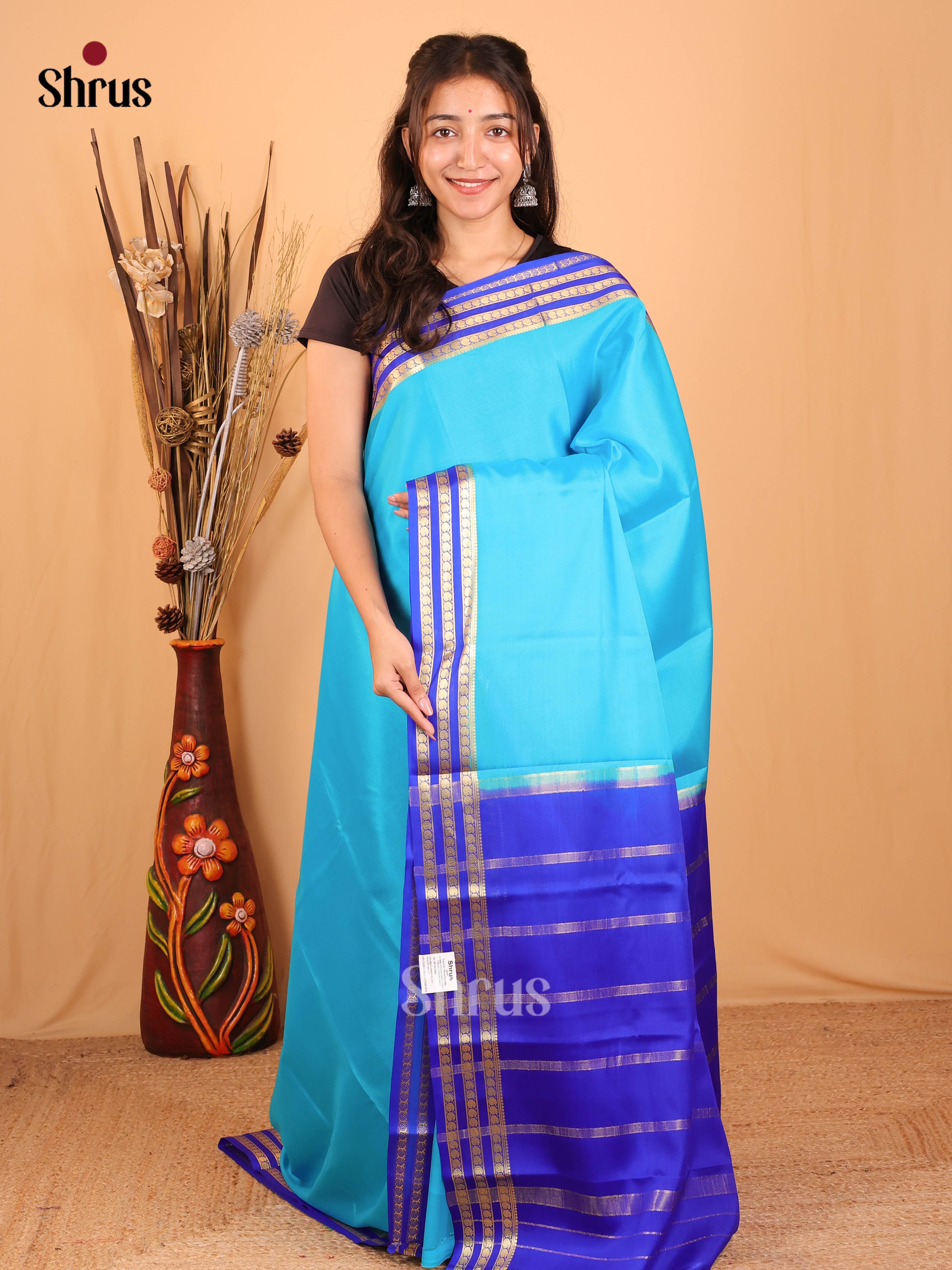 Sky Blue & Blue - Mysore Silk Saree - Shop on Shrus.com