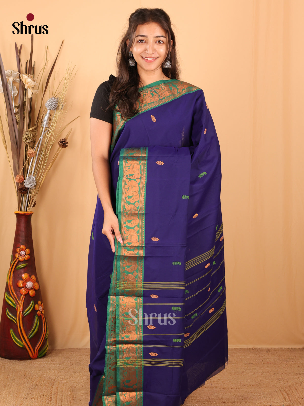 Blue & Green - Chettinad Mix  Cotton Saree - Shop on Shrus.com