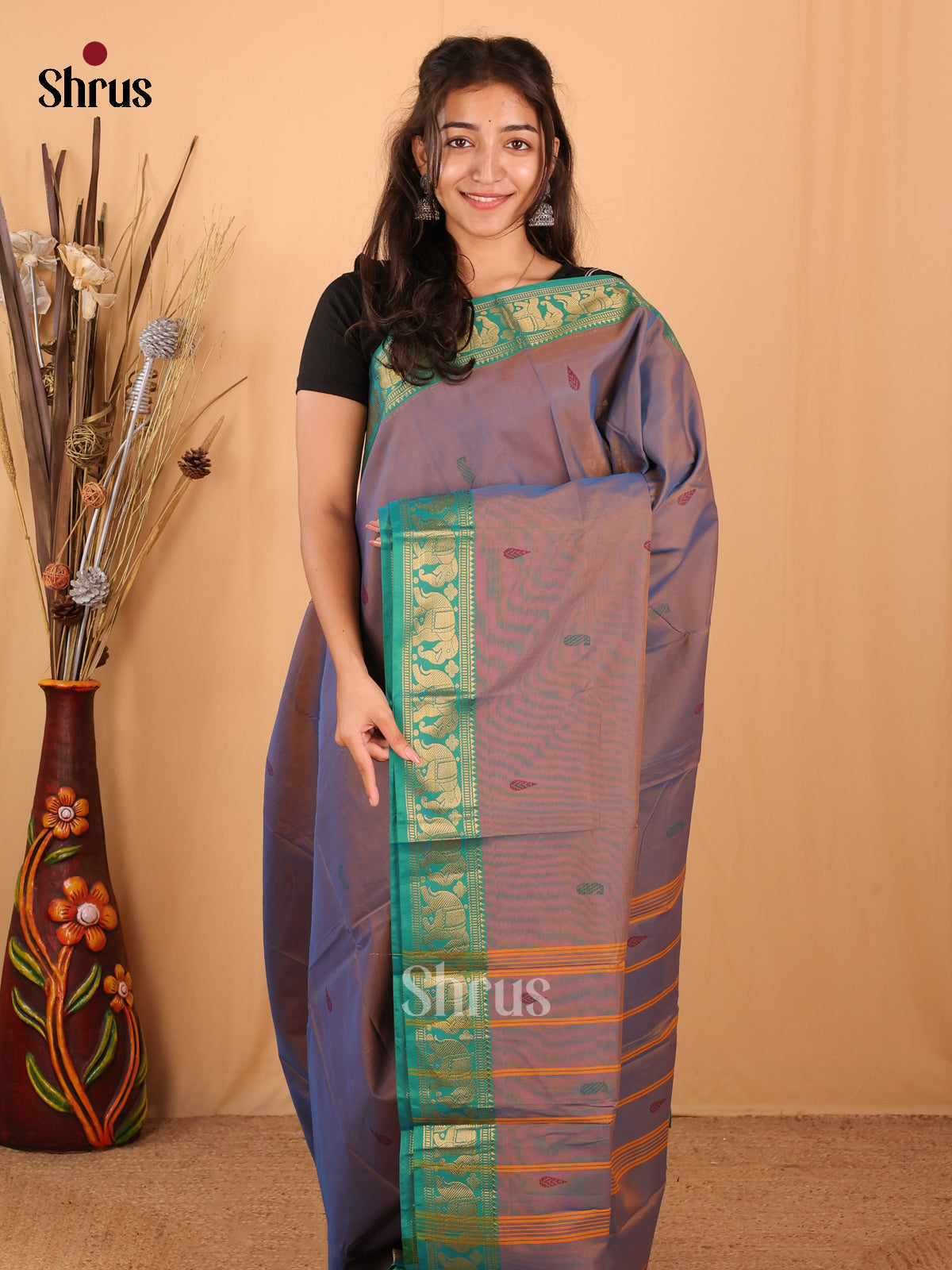 Double Shaded Purple & Green - Chettinad Mix  Cotton Saree - Shop on Shrus.com