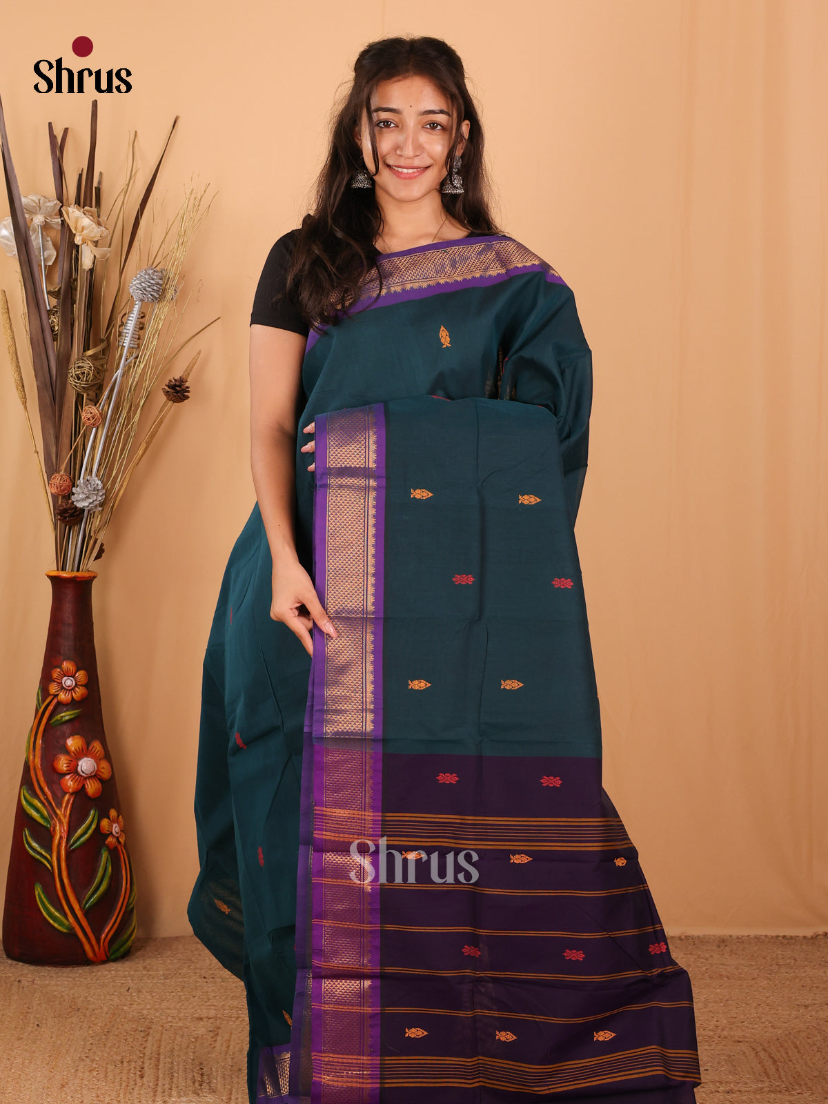 Peacock Green & Violet- Chettinad Mix  Cotton Saree - Shop on Shrus.com