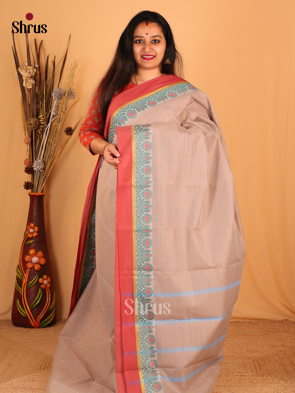 Grey & Red - South Cotton Saree - Shop on Shrus.com