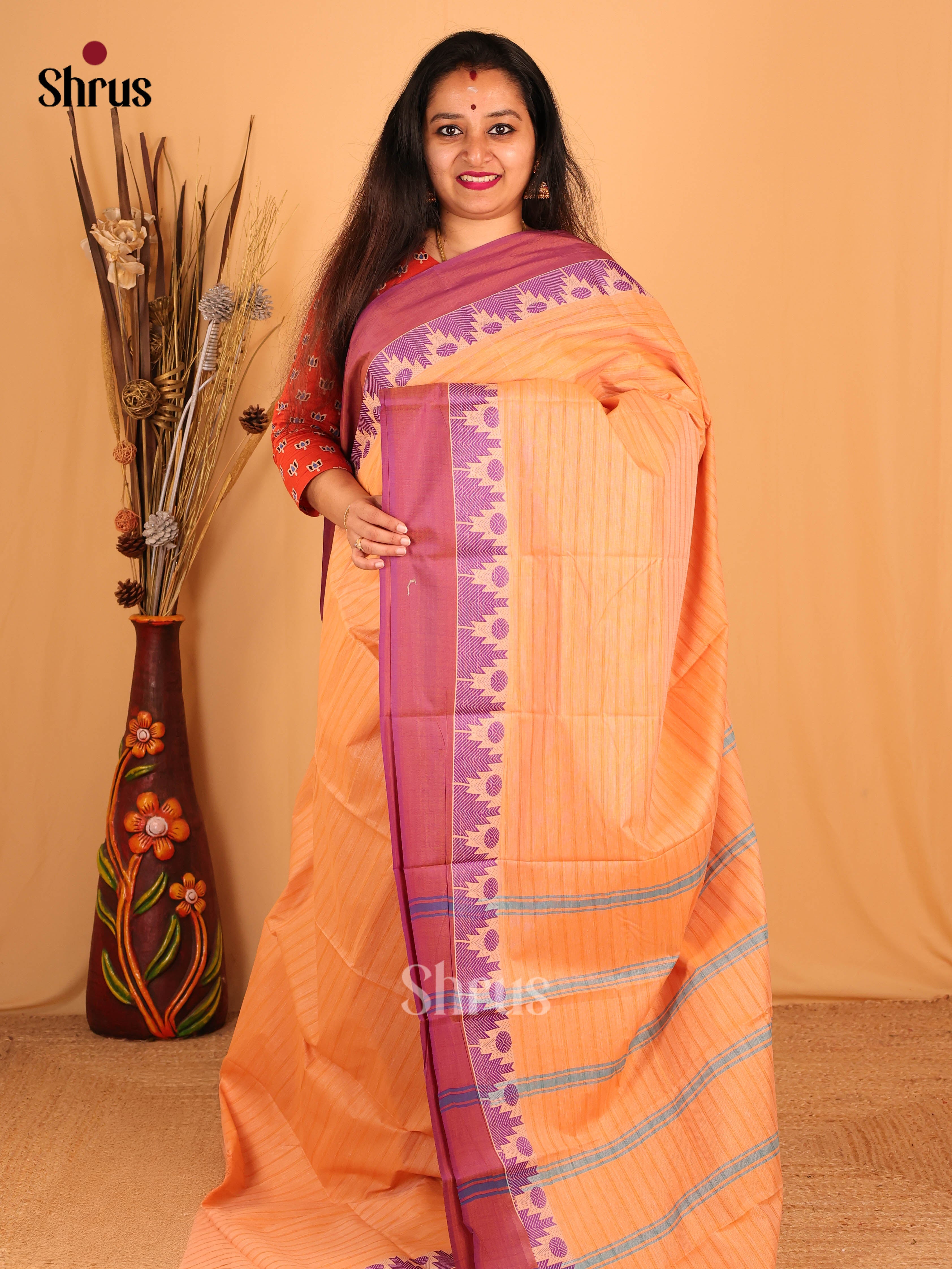 Orange & Purple - South Cotton Saree - Shop on Shrus.com