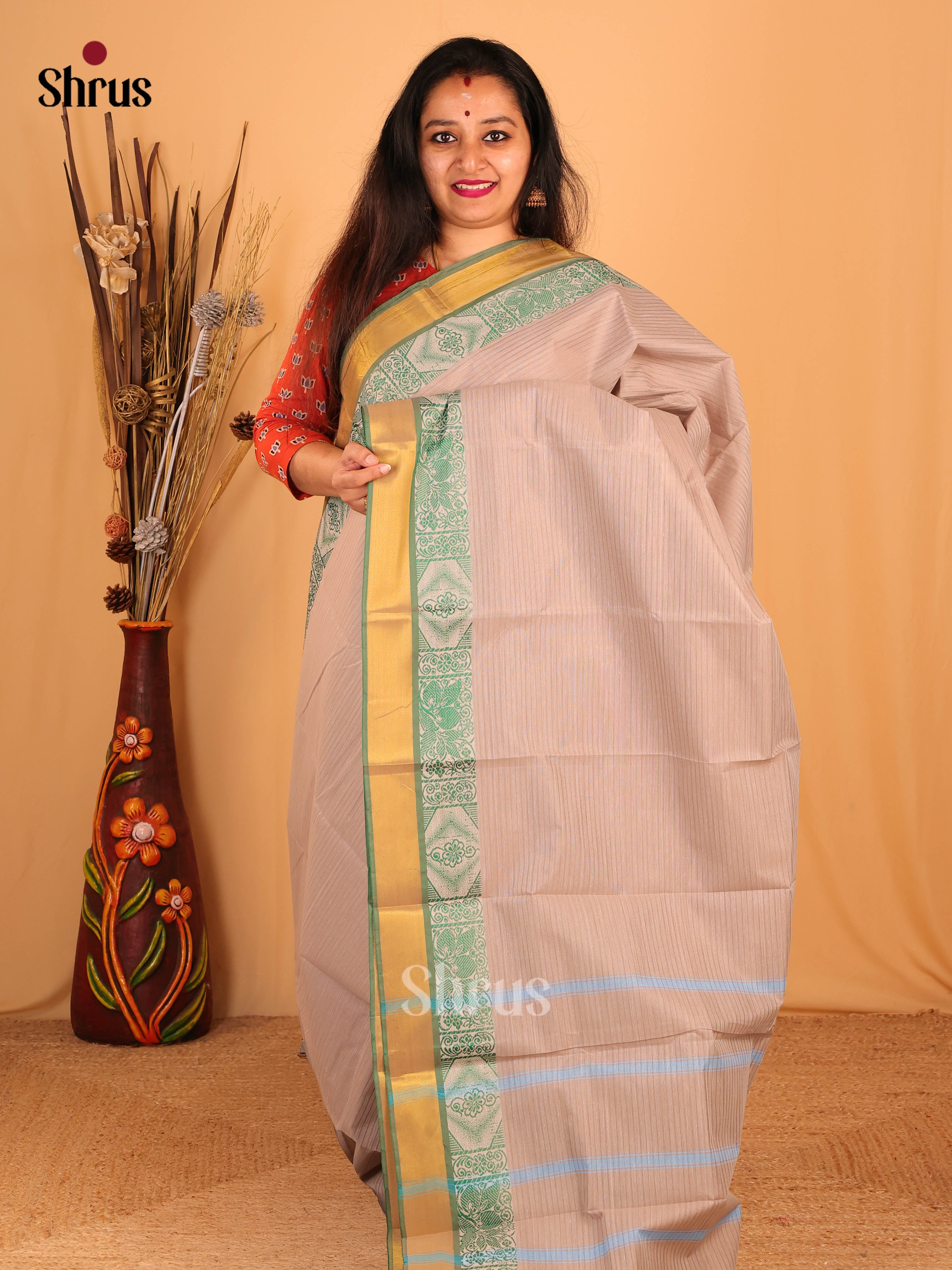 Cream & Green- South Cotton Saree - Shop on Shrus.com