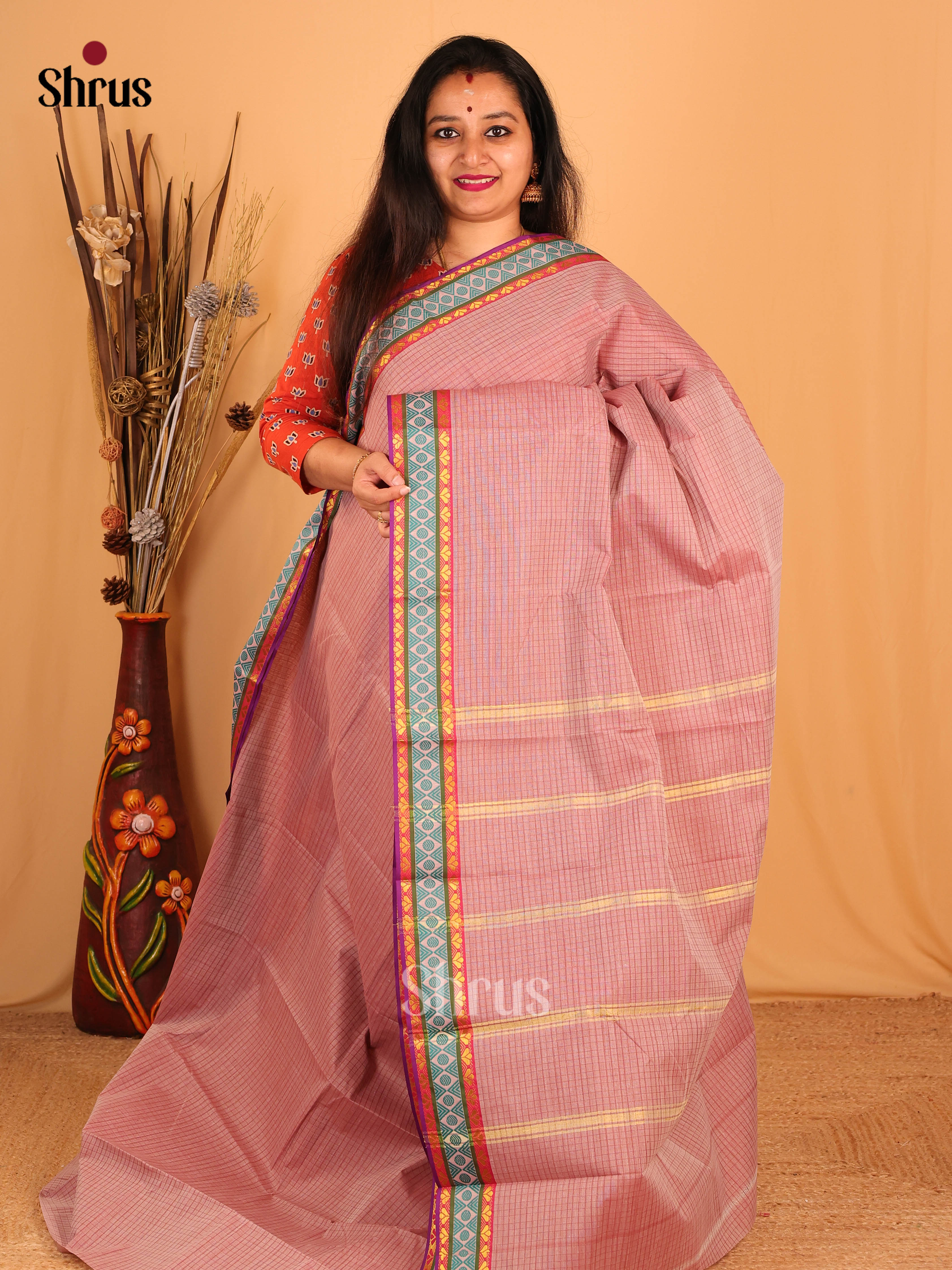 Pastel Pink - South Cotton Saree - Shop on Shrus.com