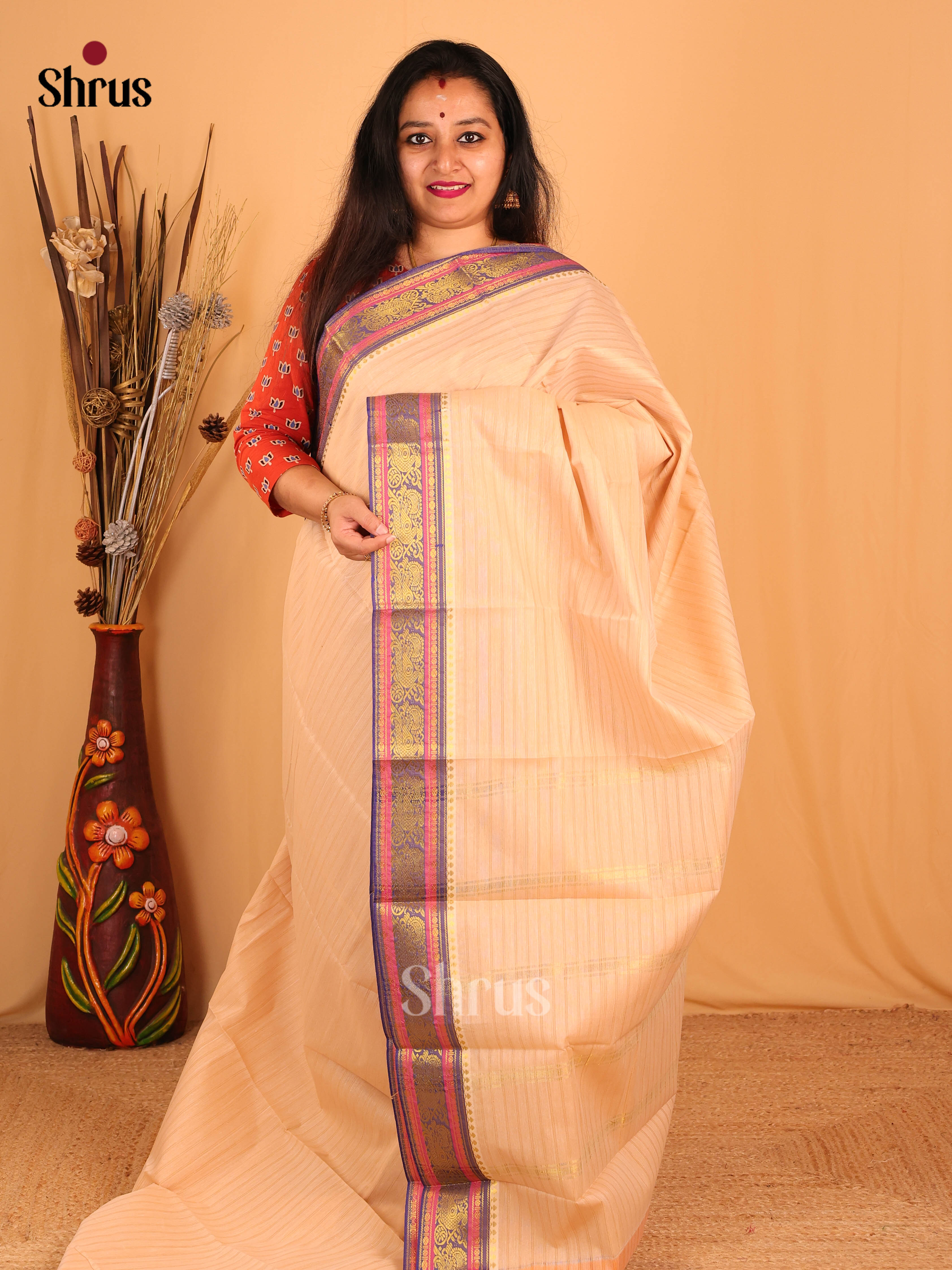 Peach & Purple- South Cotton Saree - Shop on Shrus.com