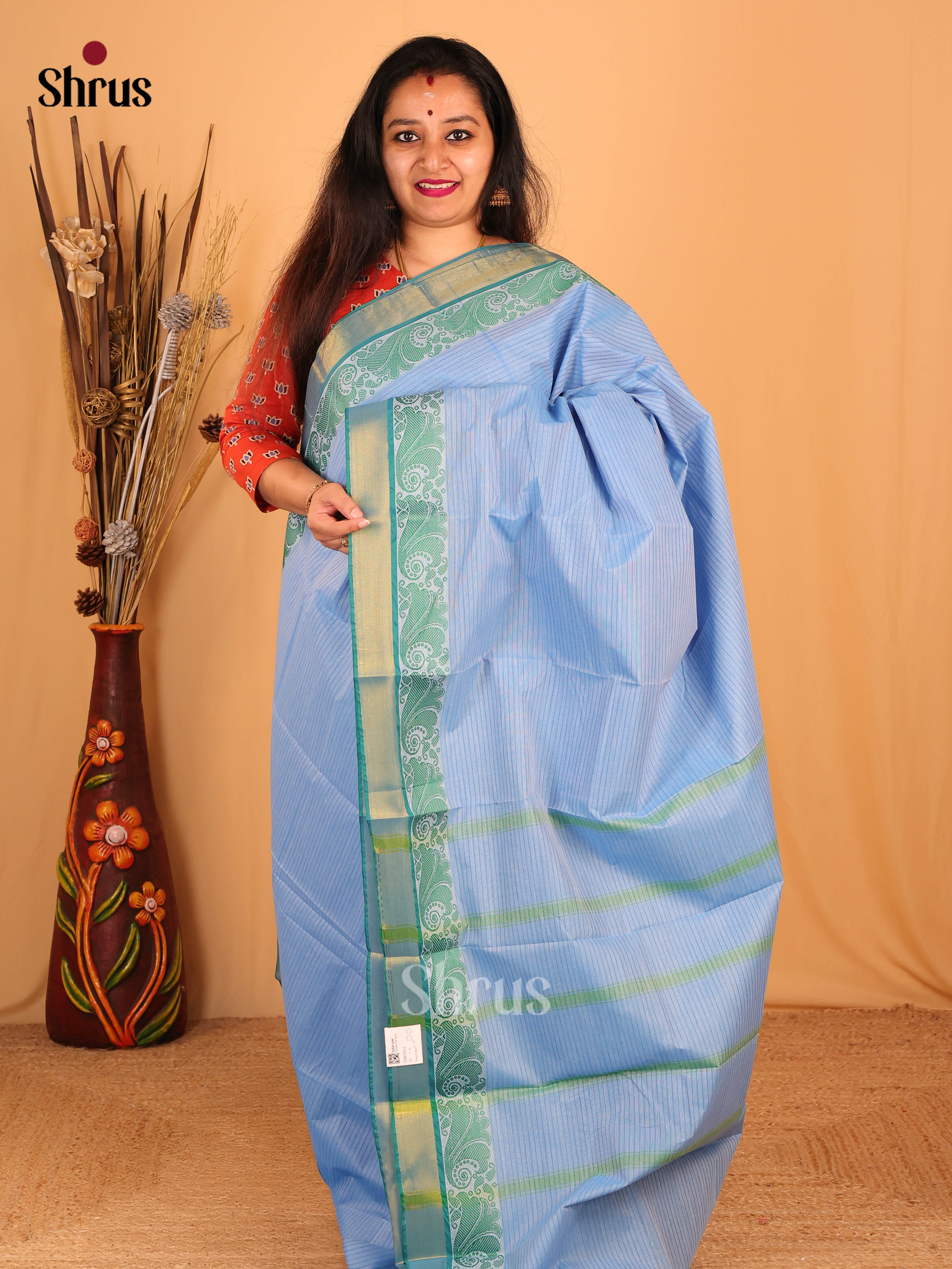 Blue & Green - South Cotton Saree - Shop on Shrus.com