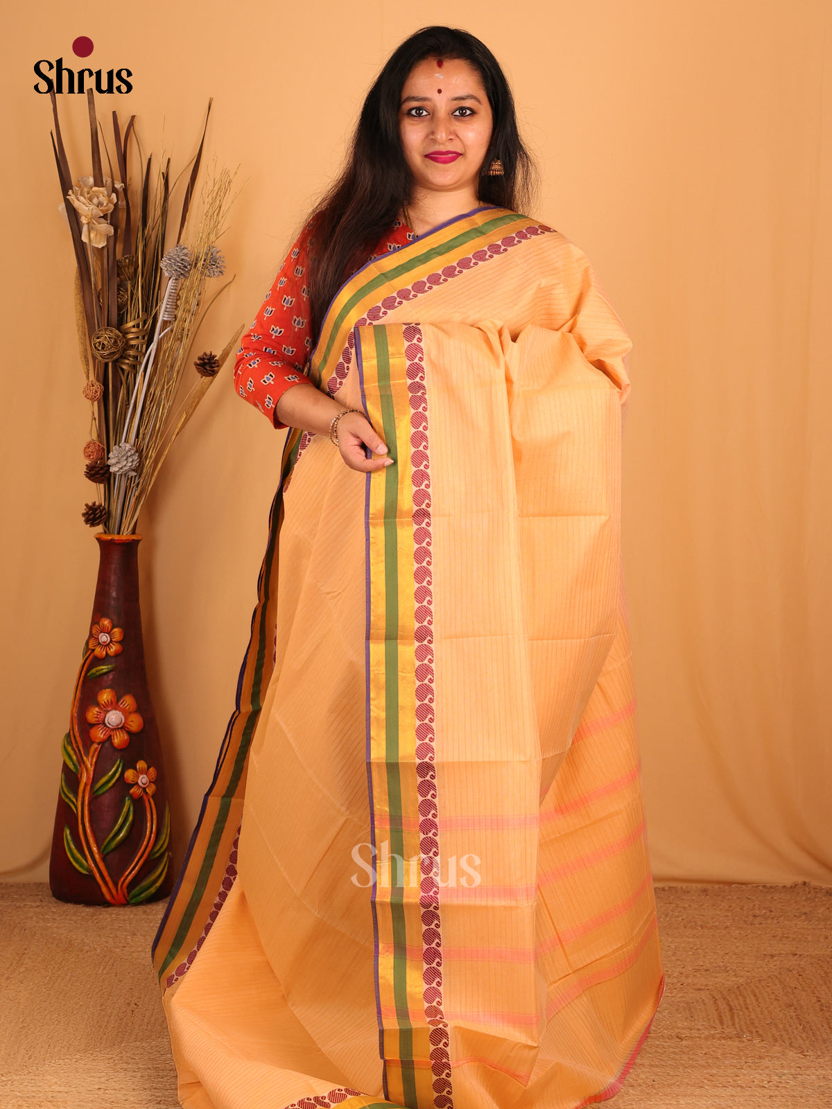 Peach & Purple - South Cotton Saree