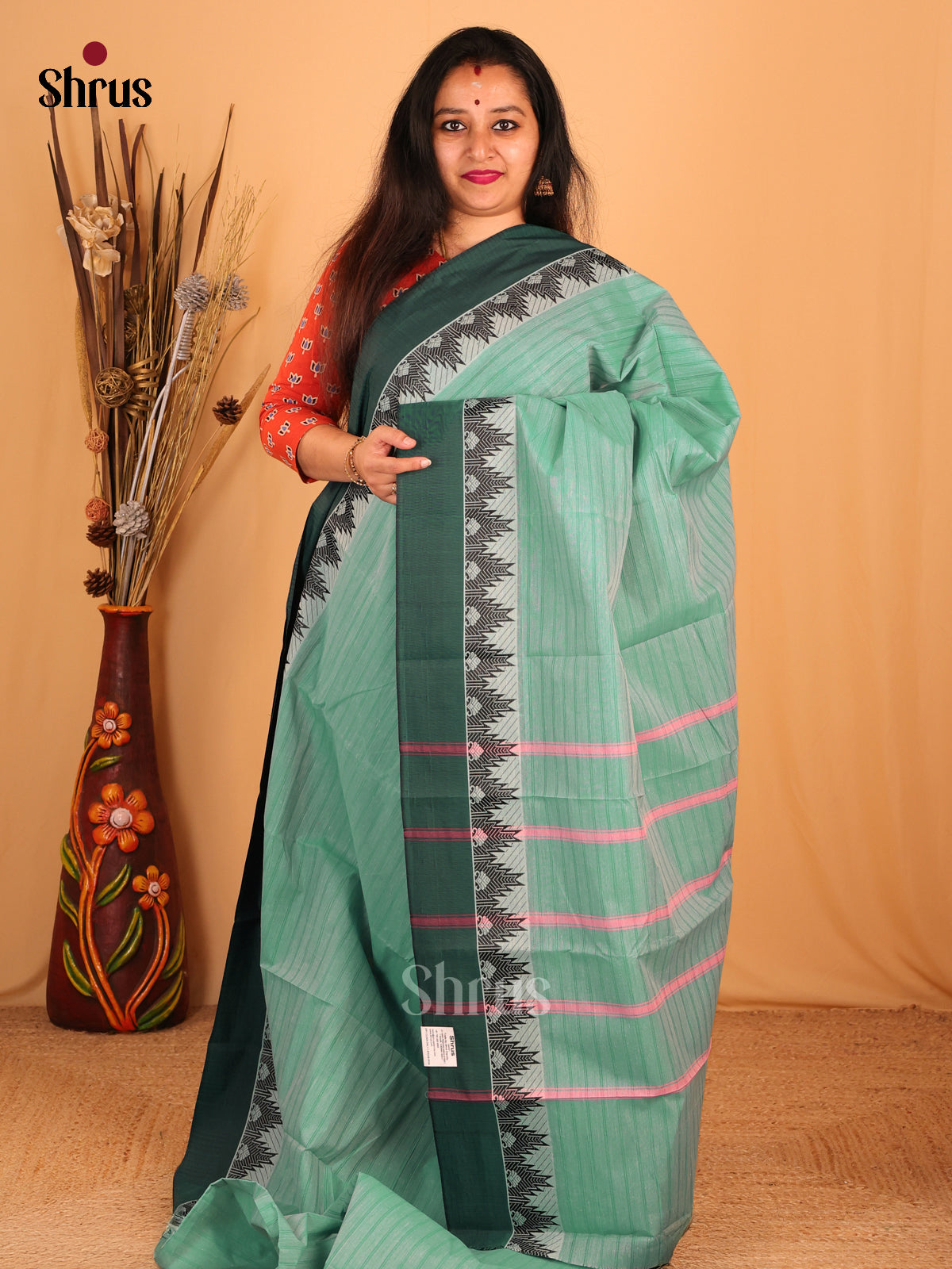 Pastel Green & Green - South Cotton Saree - Shop on Shrus.com