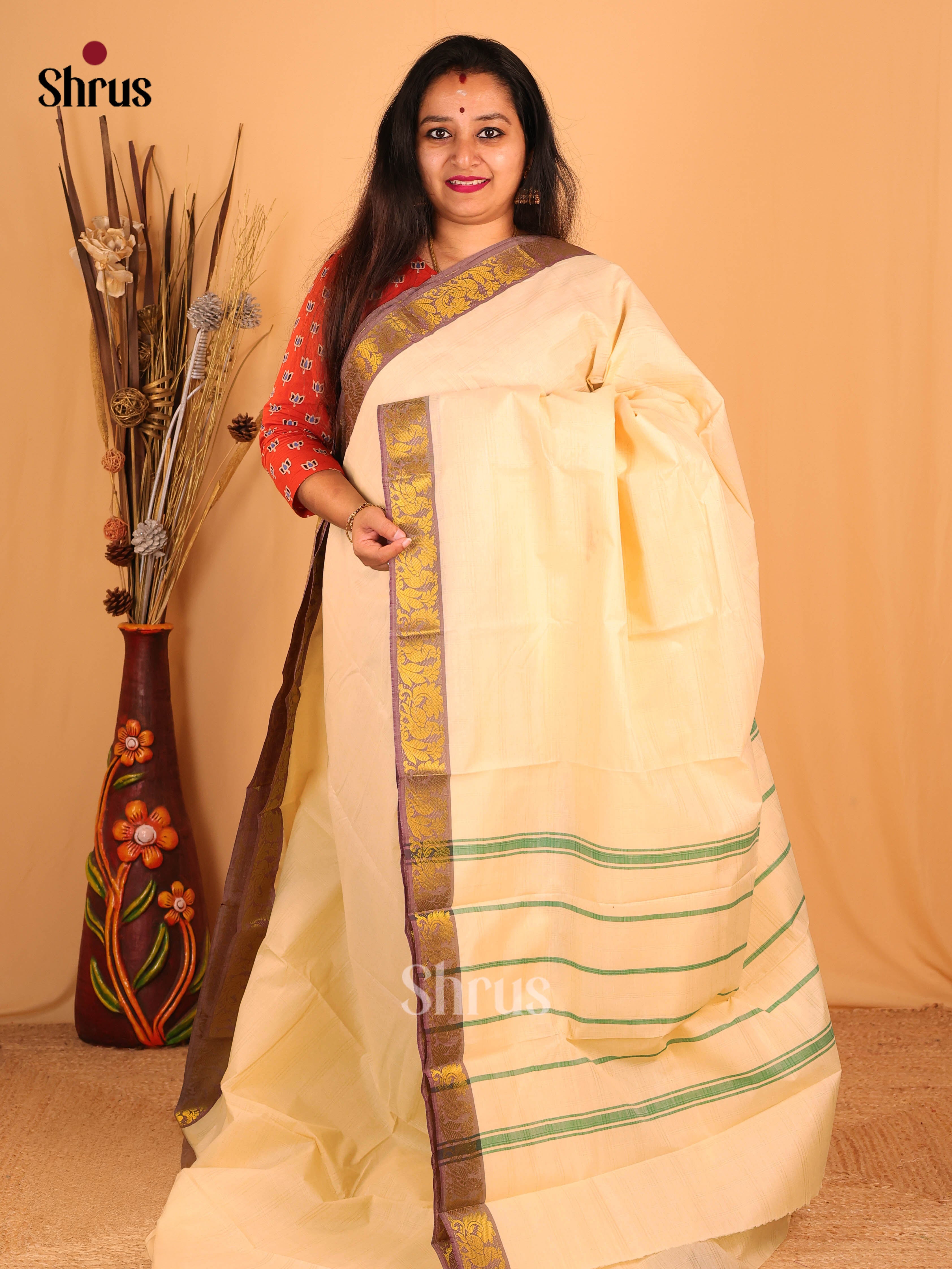 Cream & Purple - South Cotton Saree - Shop on Shrus.com