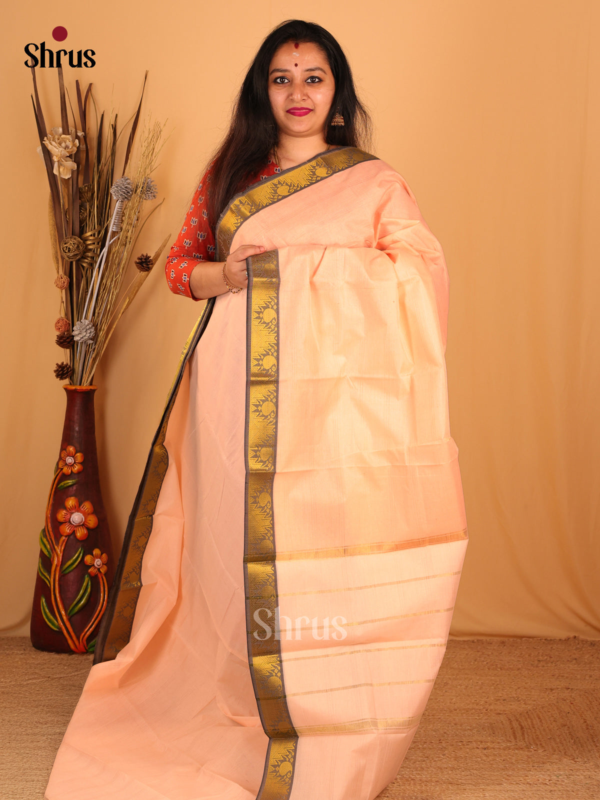 Peach & Grey - South Cotton Saree - Shop on Shrus.com
