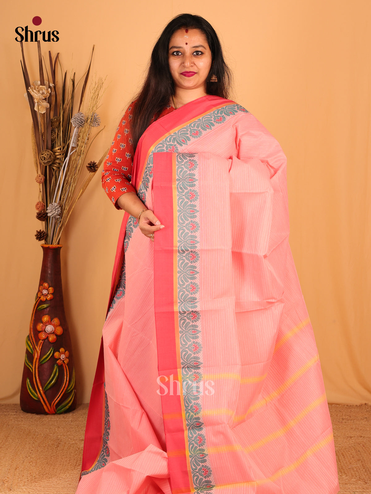 Pastel Pink - South Cotton Saree - Shop on Shrus.com