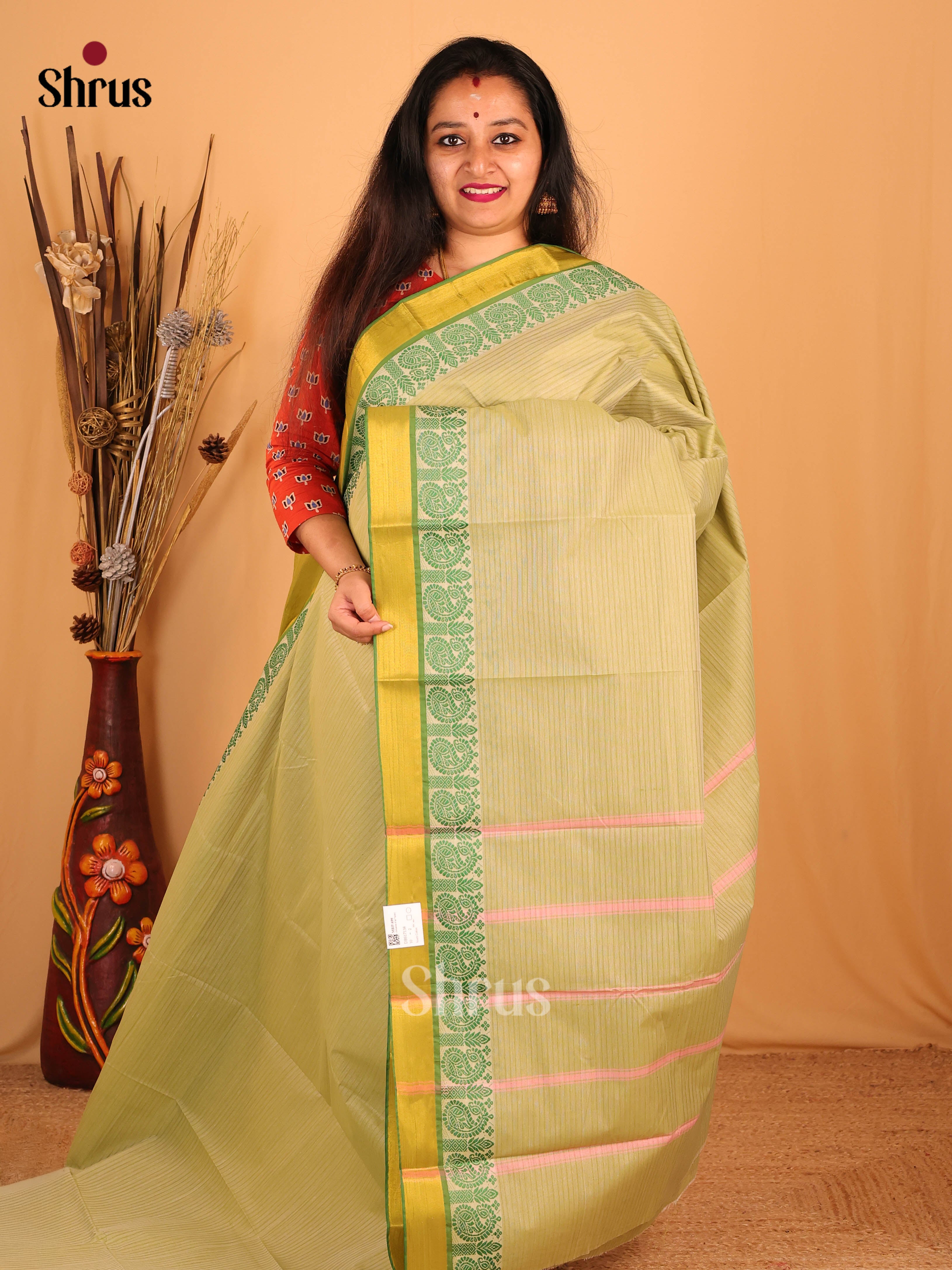 Lime Green & Yellow - South Cotton Saree - Shop on Shrus.com