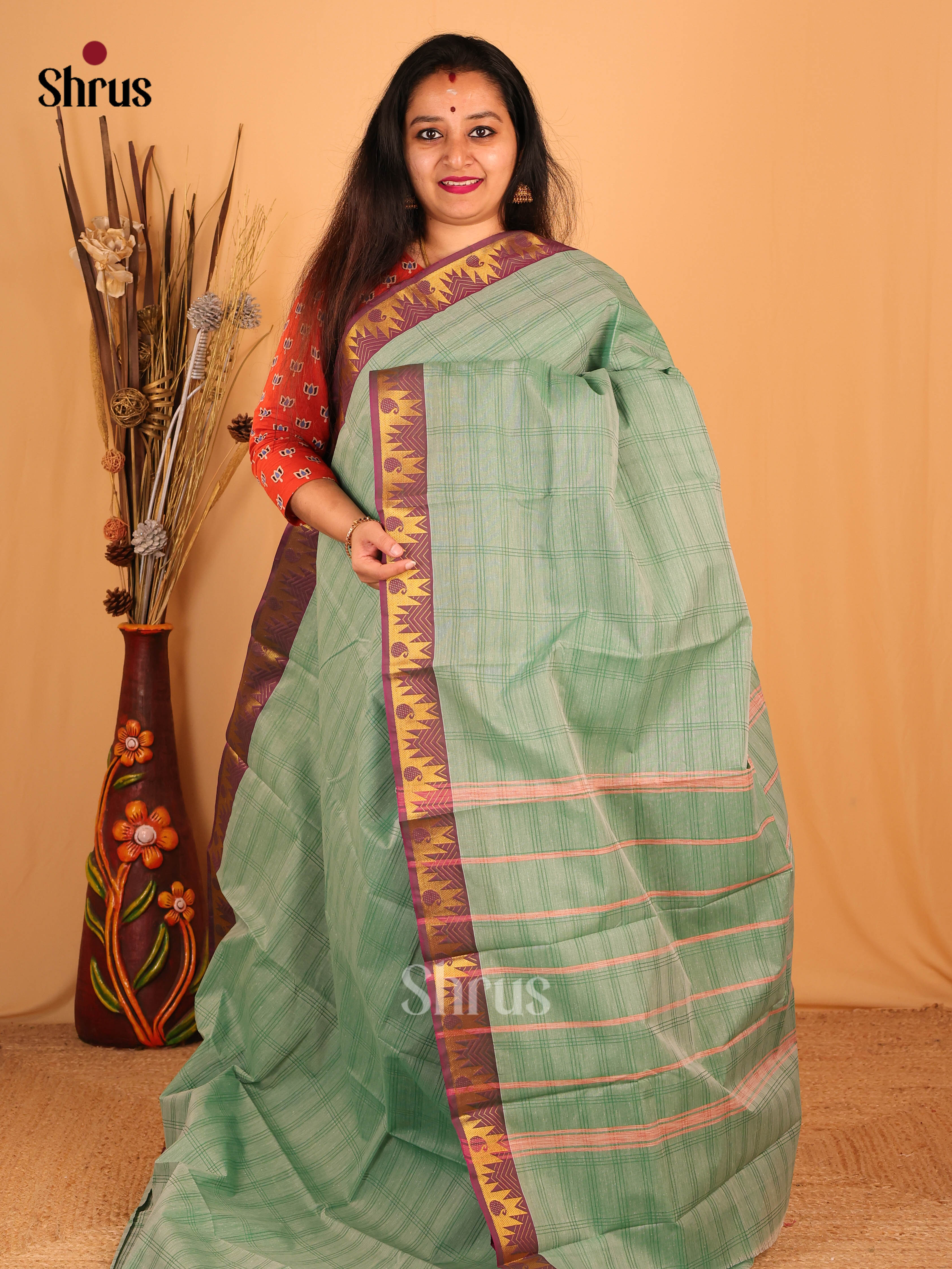 Pastel Green & Purple- South Cotton Saree - Shop on Shrus.com
