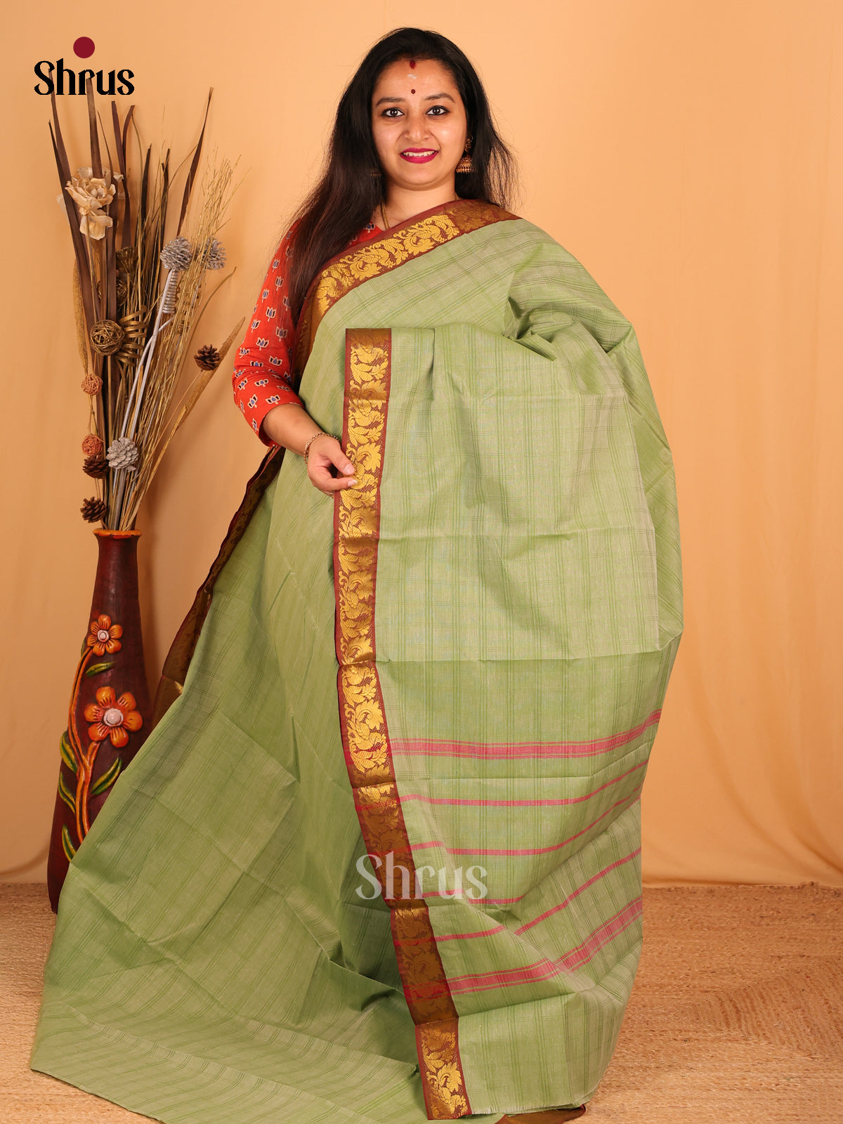 Pastel Green  & Brown - South Cotton Saree - Shop on Shrus.com