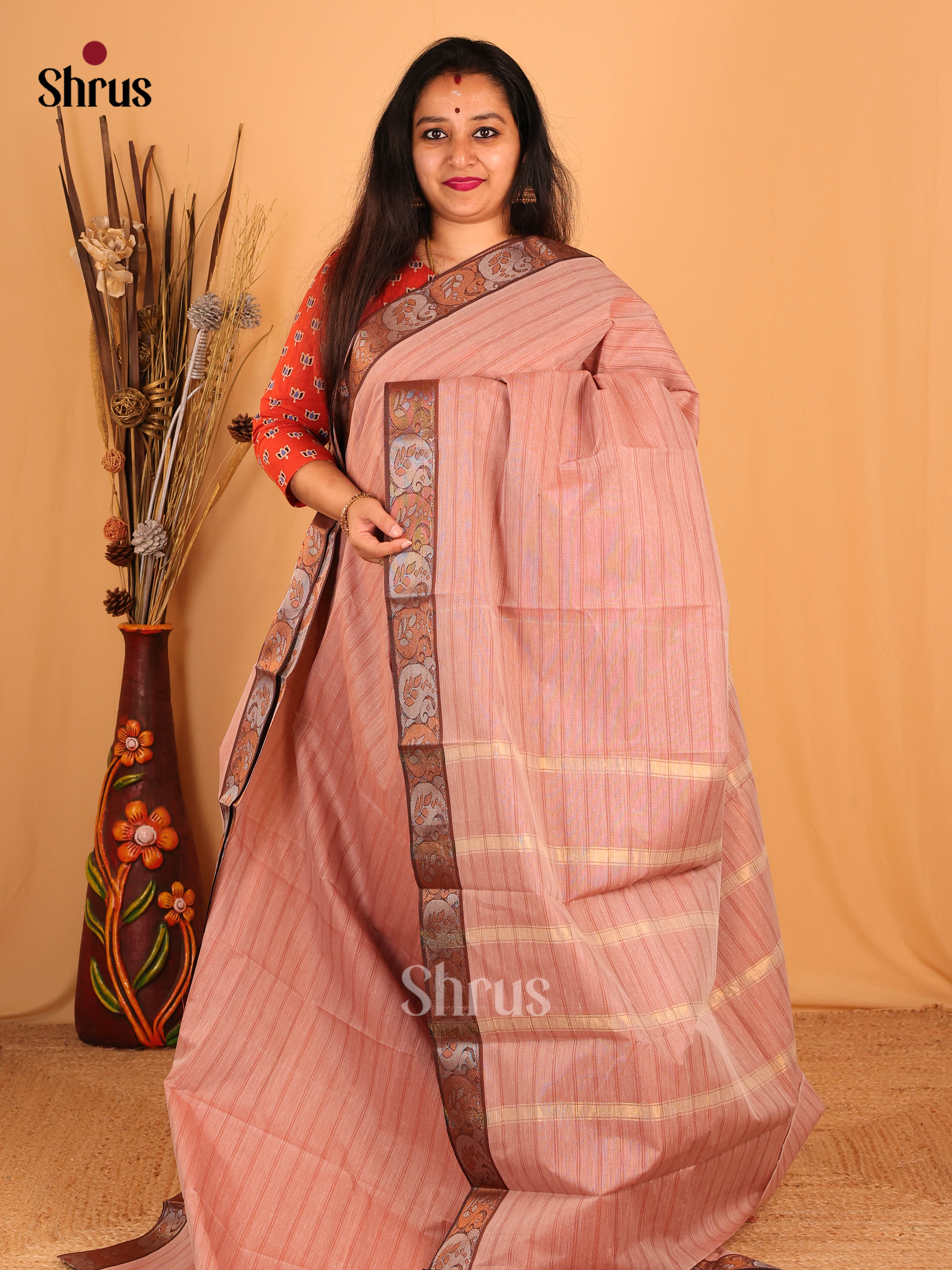 Pastel Pink & Brown - South Cotton Saree