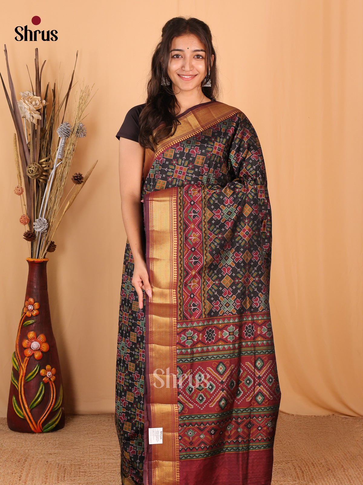Black & Maroon - Semi Patola  Saree - Shop on Shrus.com