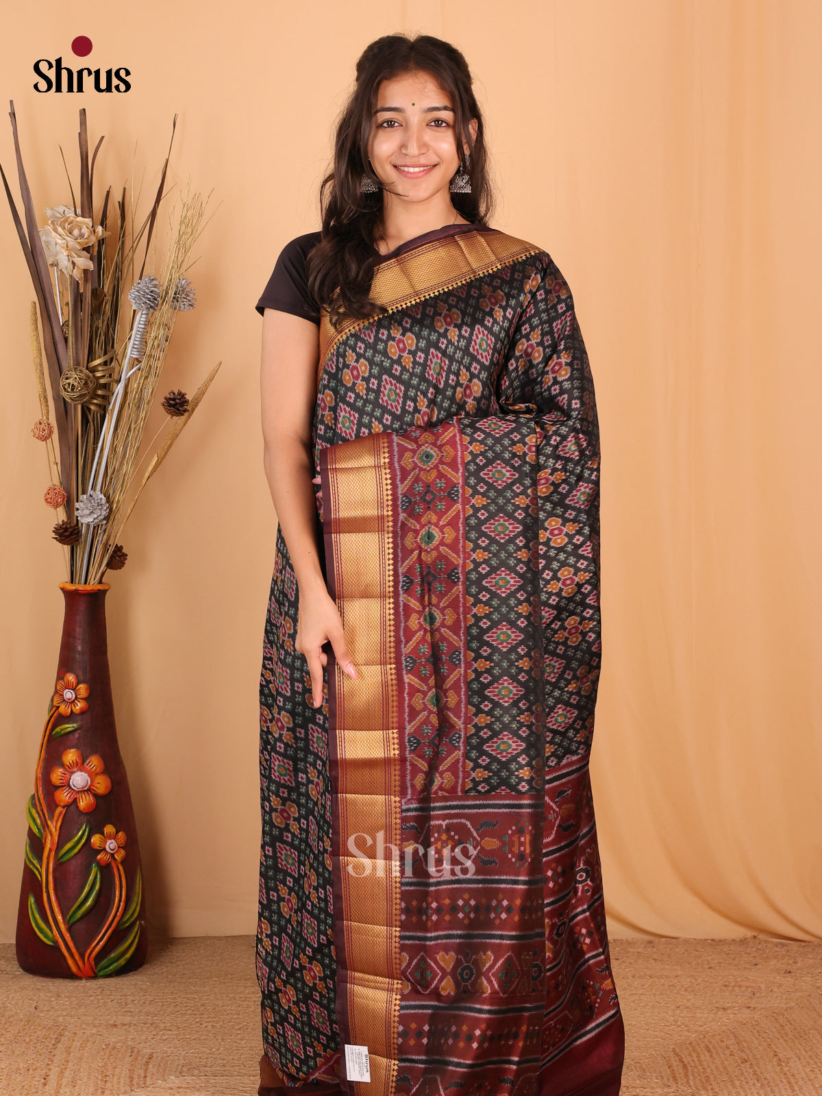 Black & Brown - Semi Patola  Saree - Shop on Shrus.com