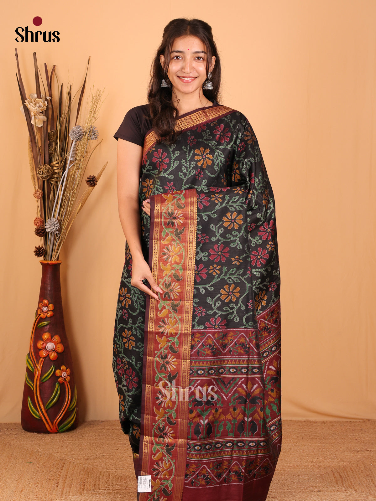 Black & Maroon - Semi Patola Saree - Shop on Shrus.com