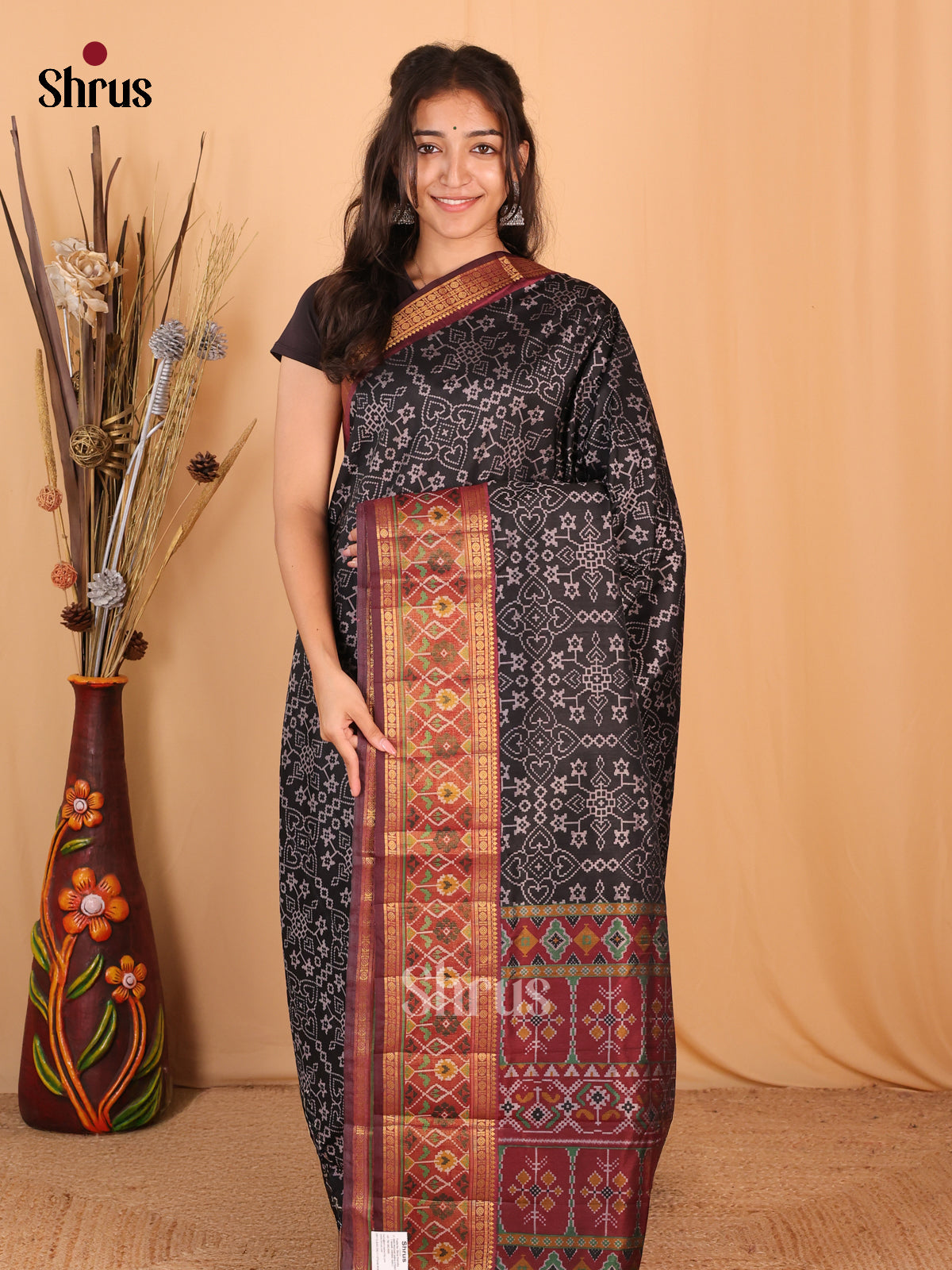 Black & Maroon - Semi Patola  Saree - Shop on Shrus.com