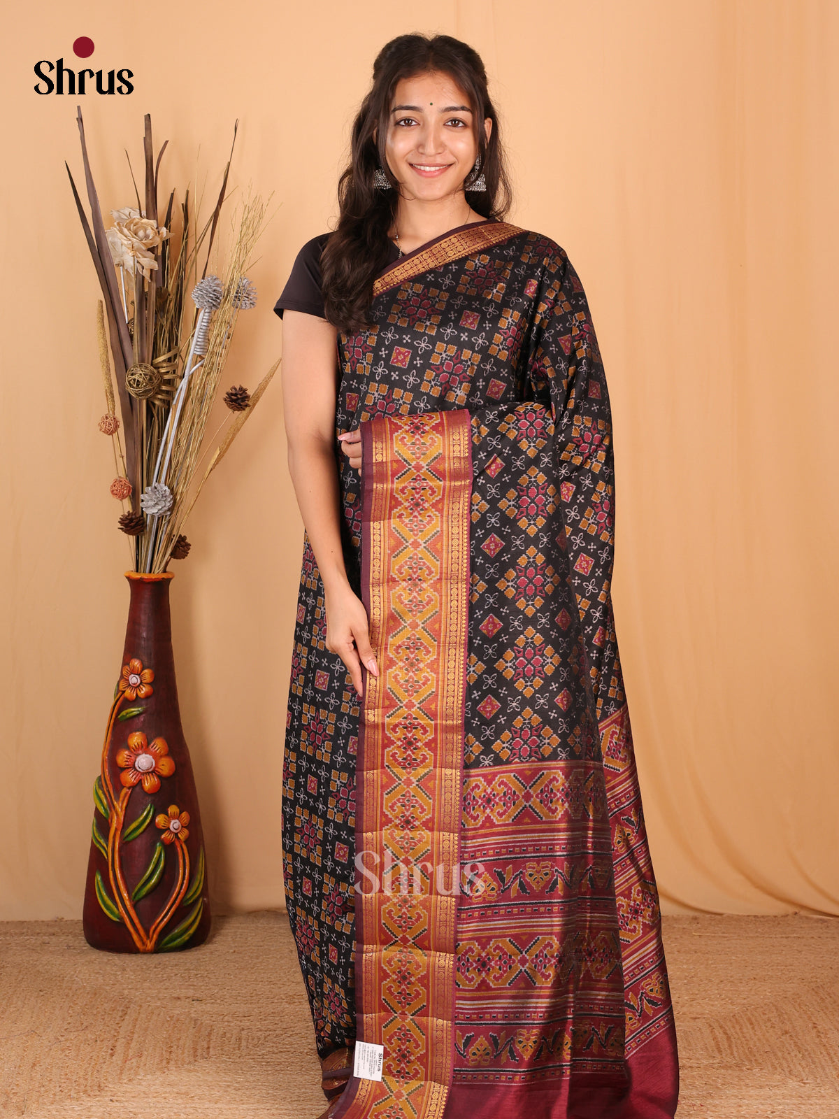 Black & Maroon  - Semi Patola  Saree - Shop on Shrus.com