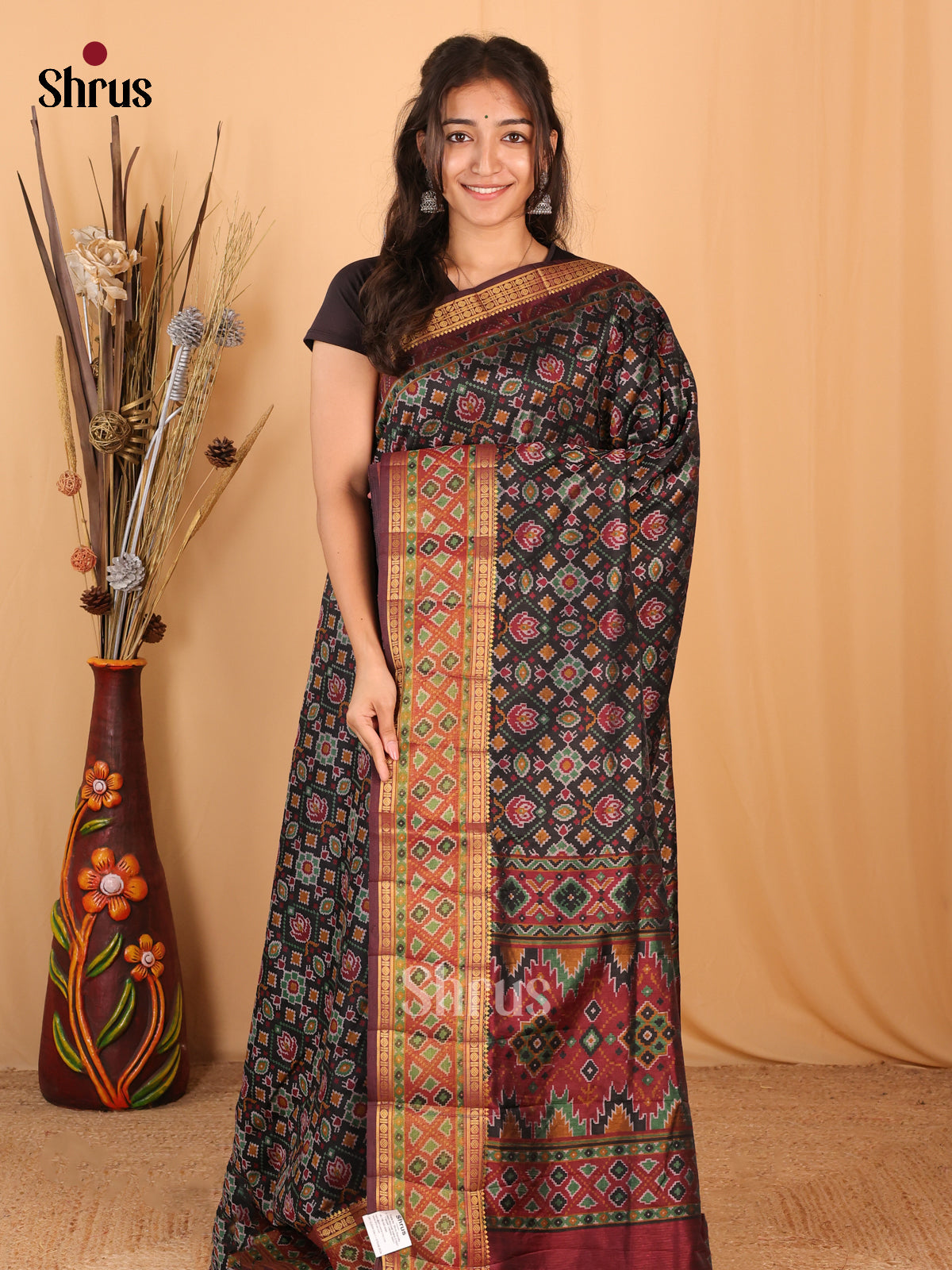 Black & Brown - Semi Patola  Saree - Shop on Shrus.com