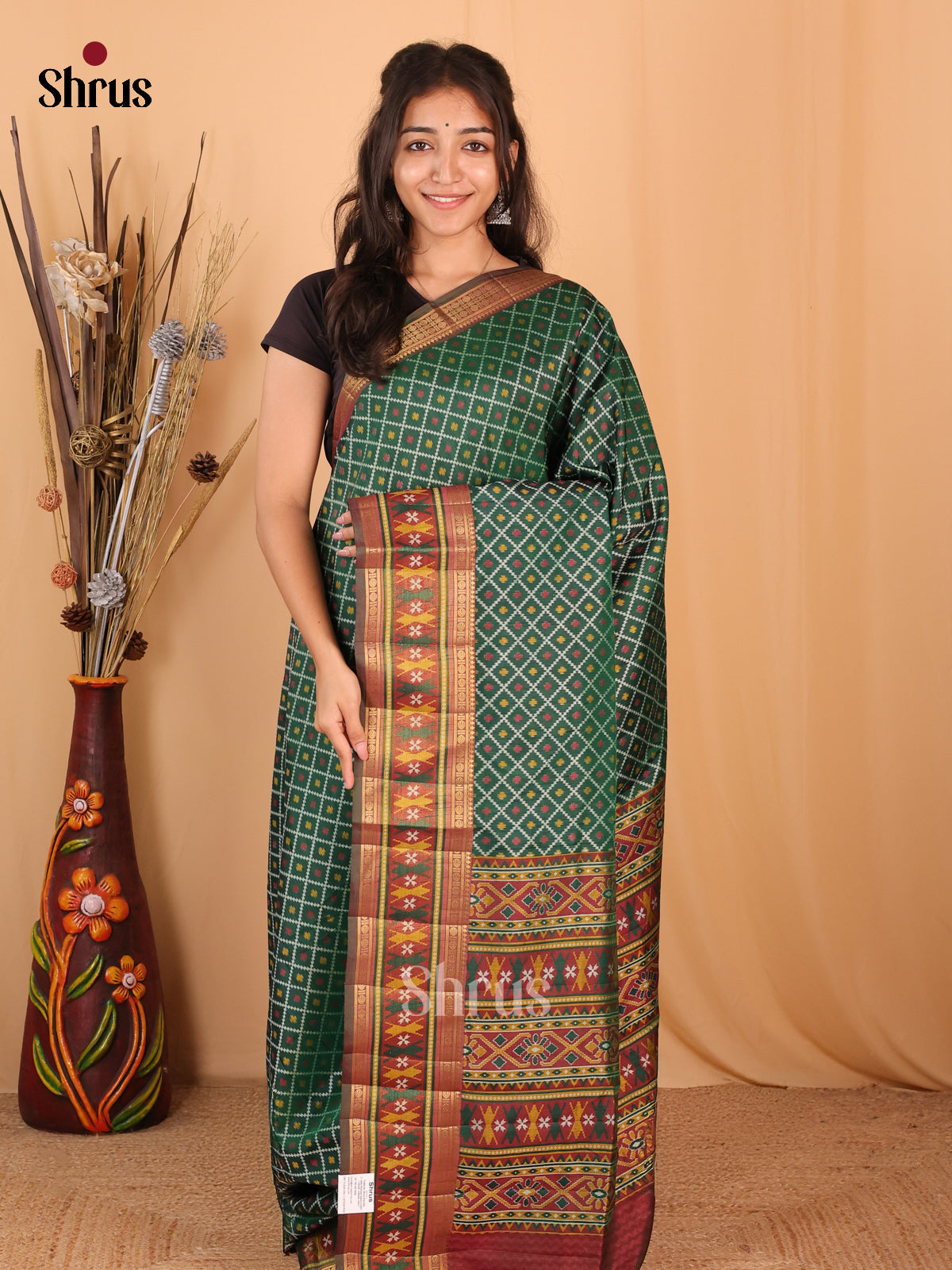 Green & Brown- Semi Patola  Saree - Shop on Shrus.com