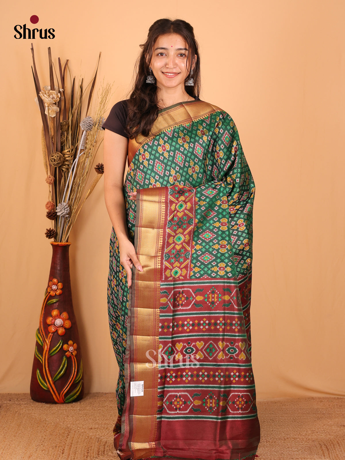 Green & Brown - Semi Patola Saree - Shop on Shrus.com