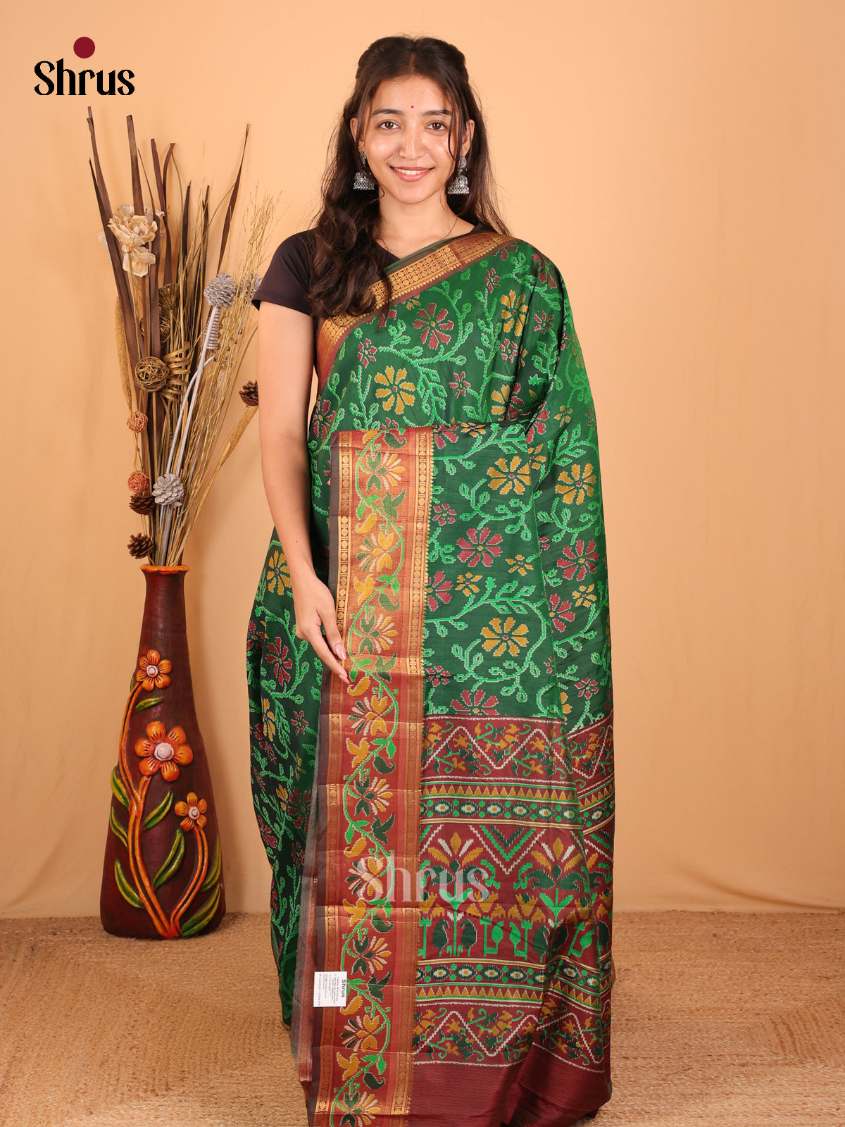 Green & Brown - Semi Patola Saree - Shop on Shrus.com