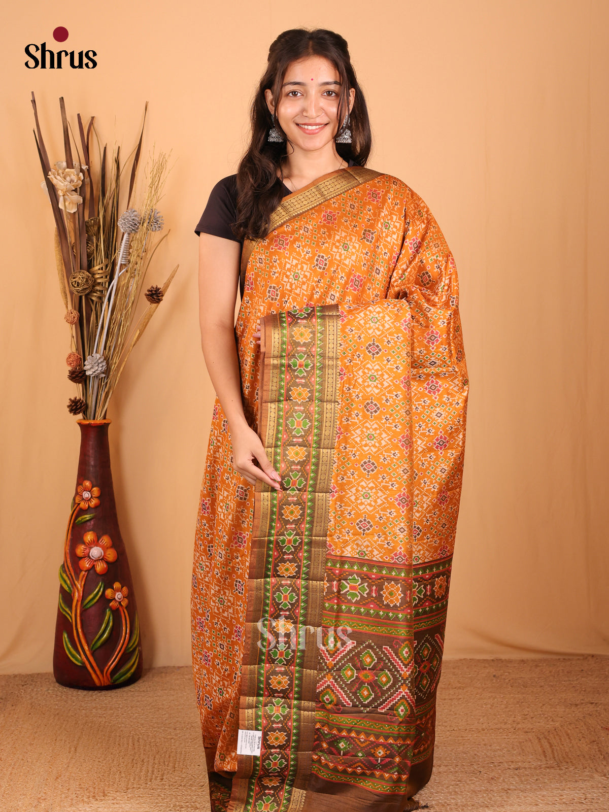 Mustard & Army Green - Semi Patola Saree - Shop on Shrus.com