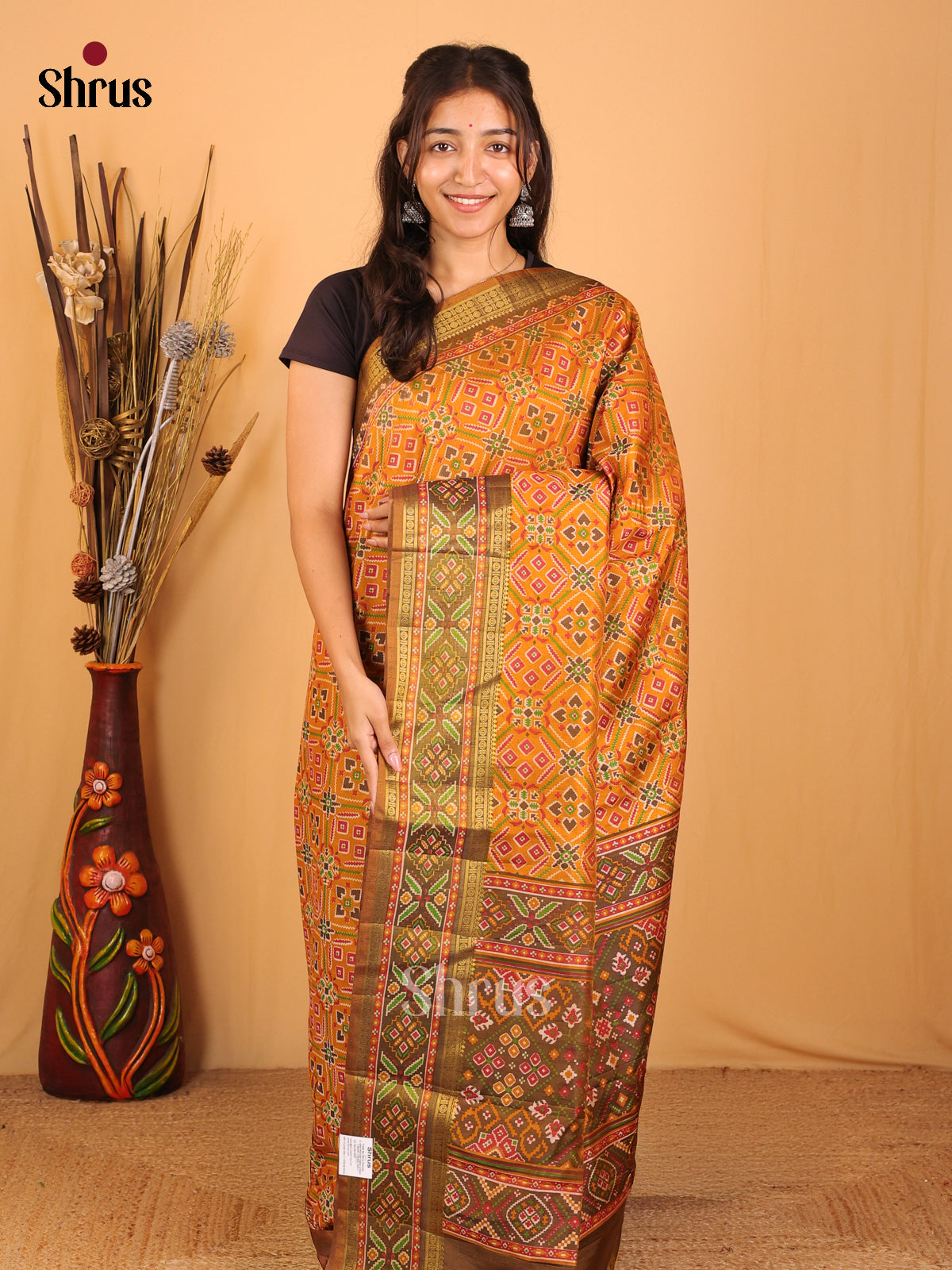 Mustard & Army Green - Semi Patola Saree - Shop on Shrus.com