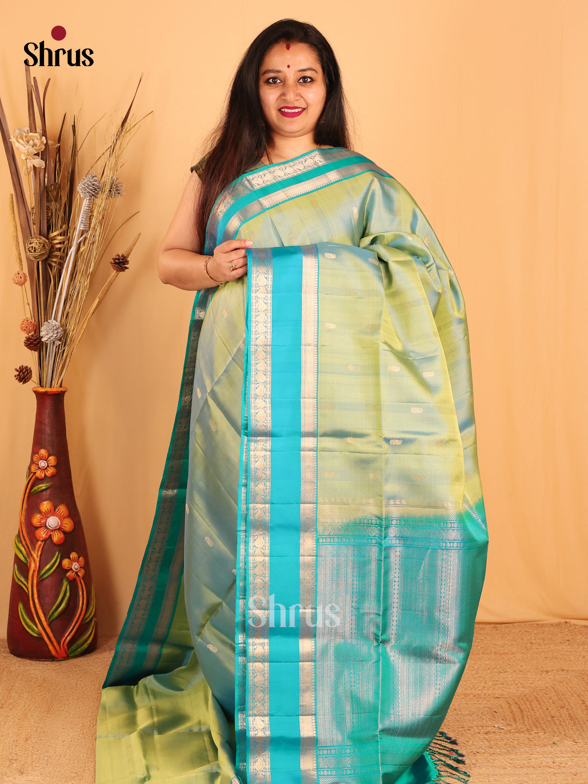 Double Shaded Green & Teal - Soft silk Saree - Shop on Shrus.com