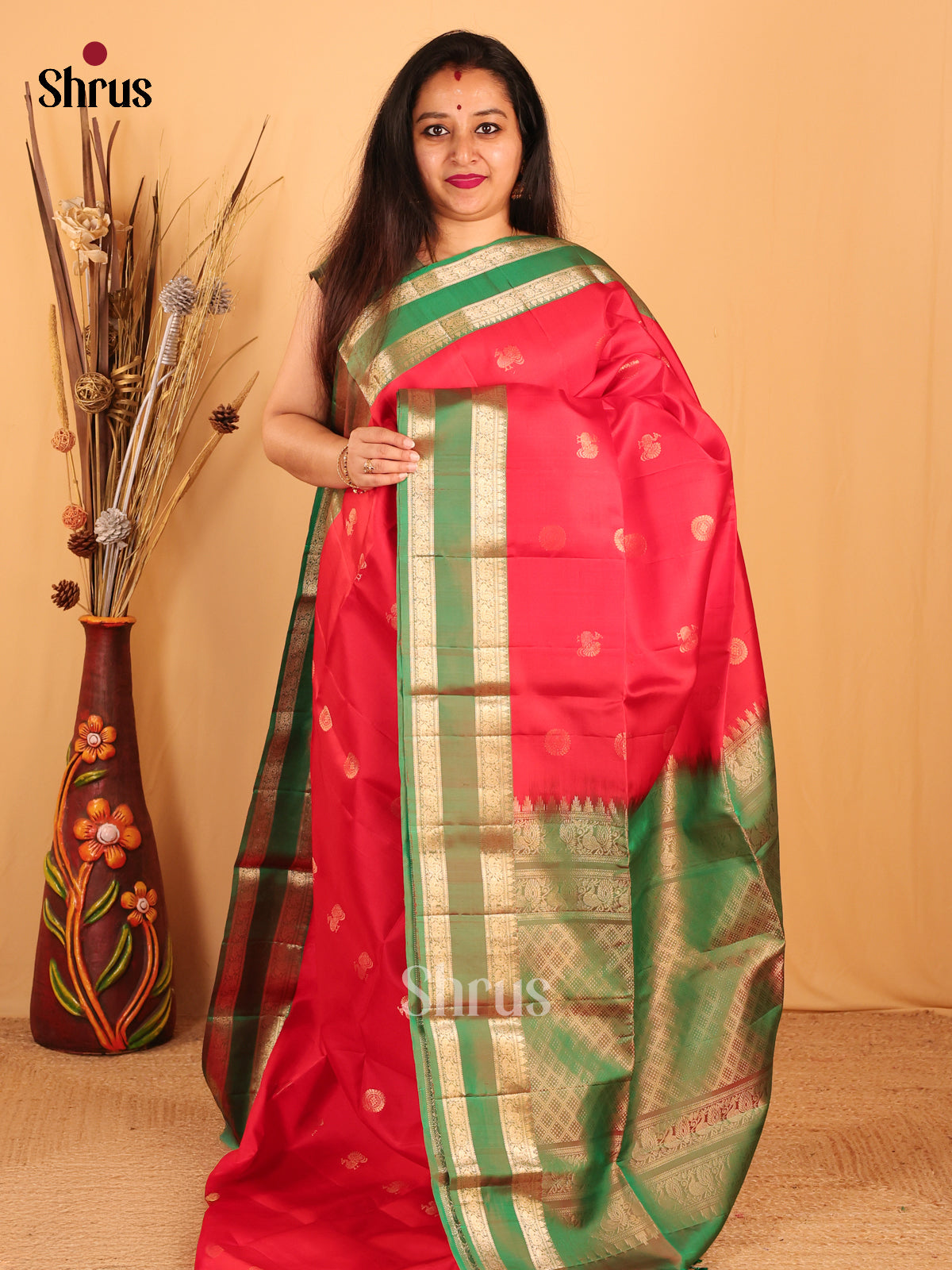 Red & Green- Soft silk Saree - Shop on Shrus.com