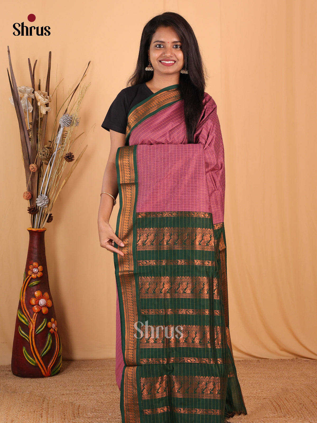 Lotus Pink & Green- Kalyani Cotton Saree - Shop on Shrus.com