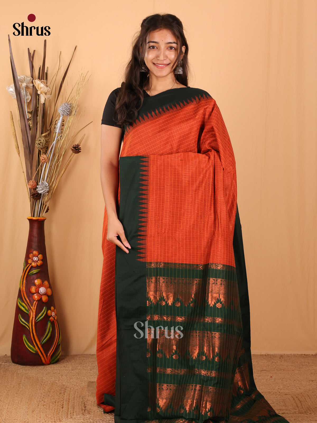Orange & Green- Kalyani Cotton Saree - Shop on Shrus.com