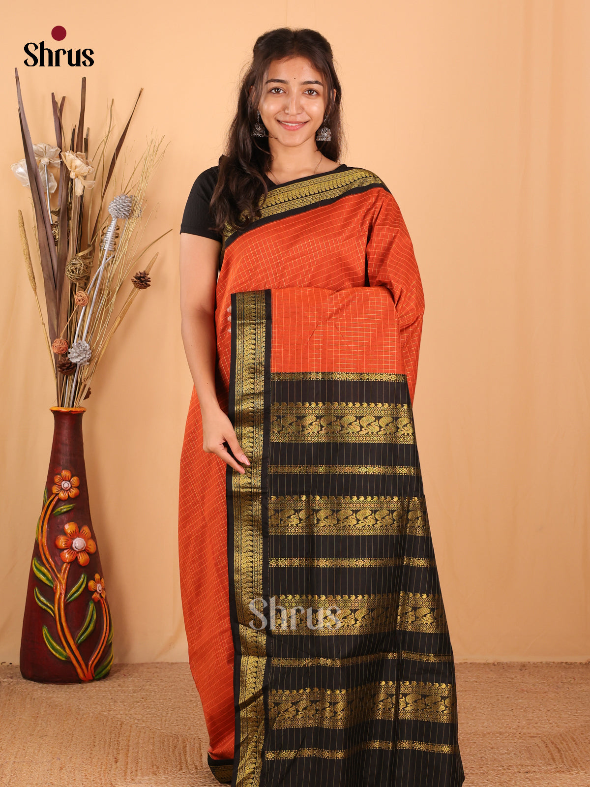 Orange & Black - Kalyani Cotton Saree - Shop on Shrus.com