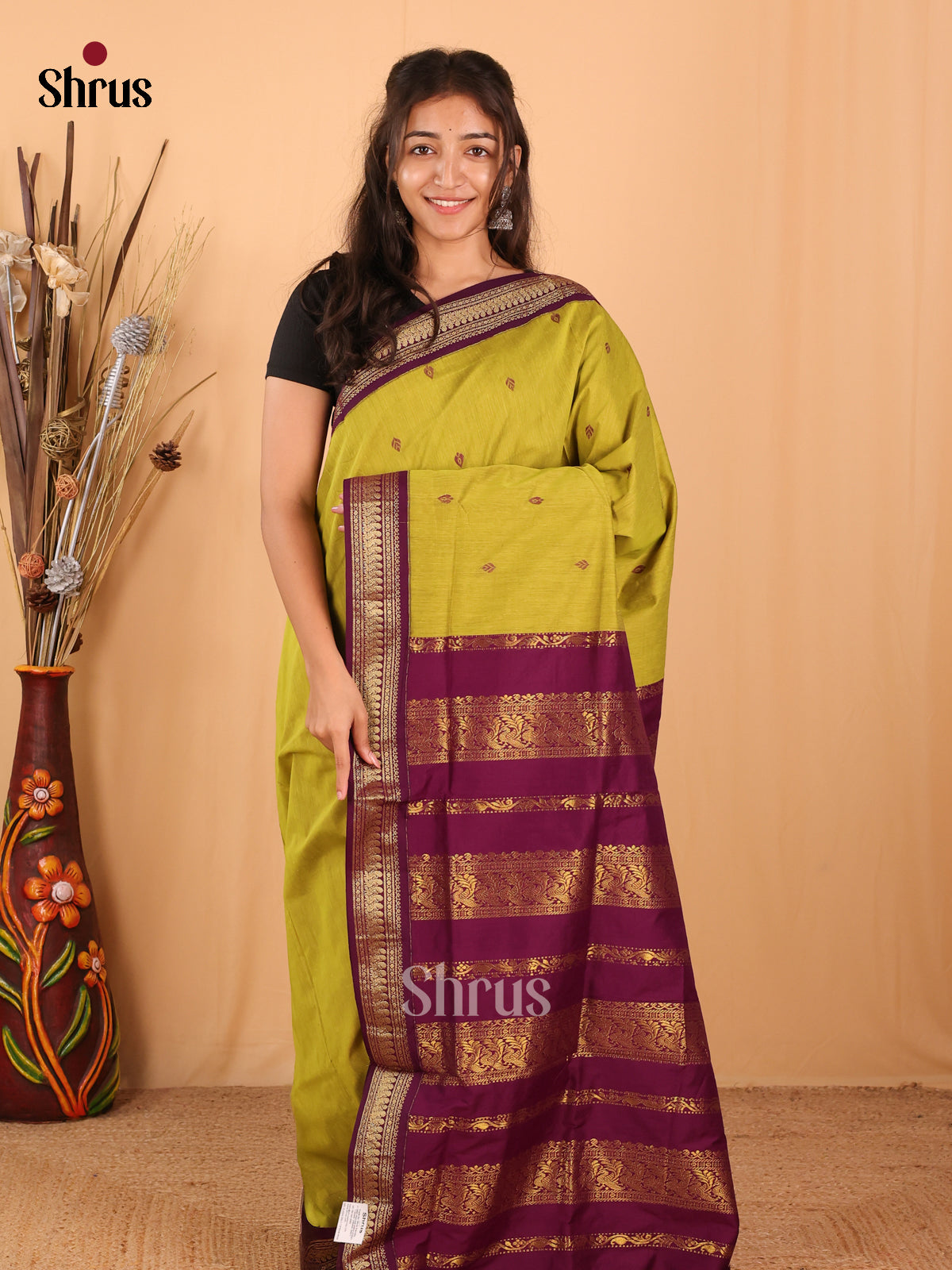 Mustardy Green & Purple - Kalyani Cotton Saree - Shop on Shrus.com