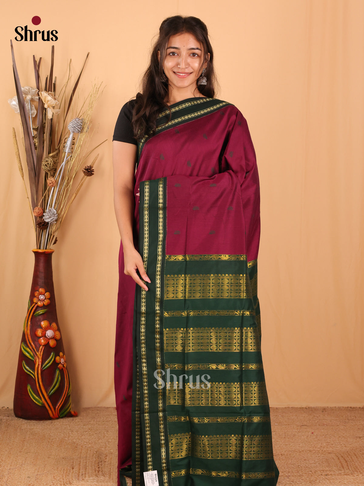 Maroon & Green- Kalyani Cotton Saree - Shop on Shrus.com