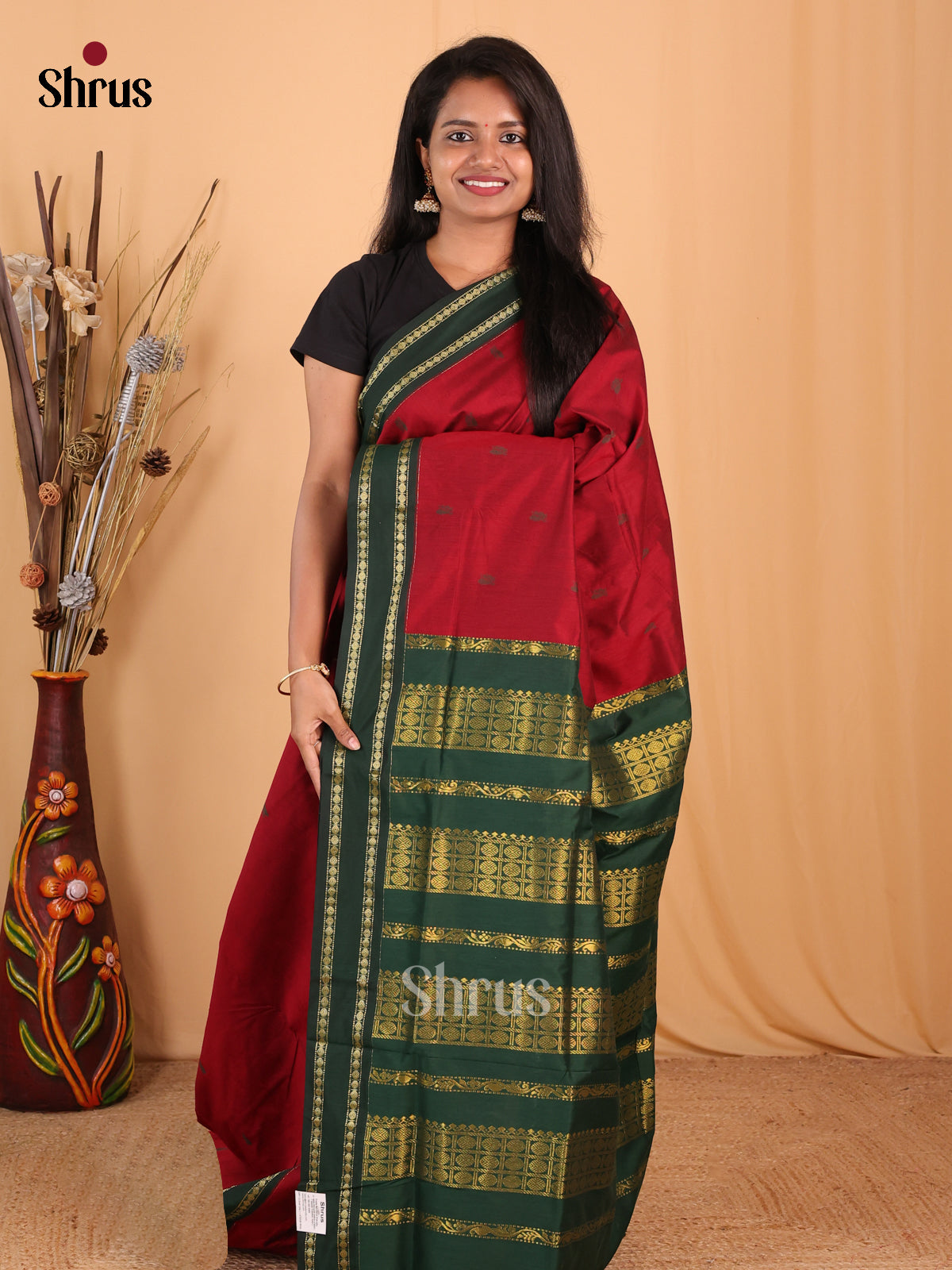 Maroon & Green - Kalyani Cotton Saree - Shop on Shrus.com