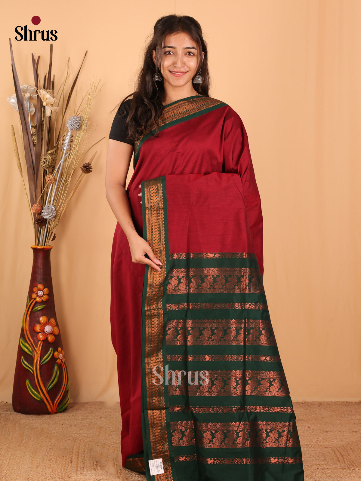 Maroon & Green - Kalyani Cotton Saree - Shop on Shrus.com