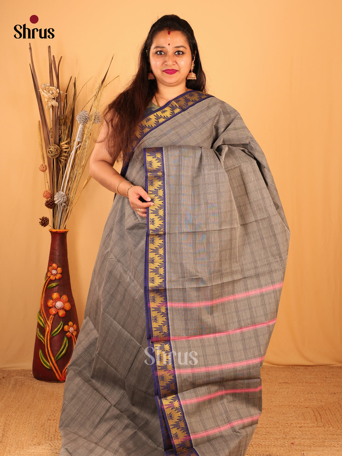 Grey & Blue - South Cotton Saree - Shop on Shrus.com