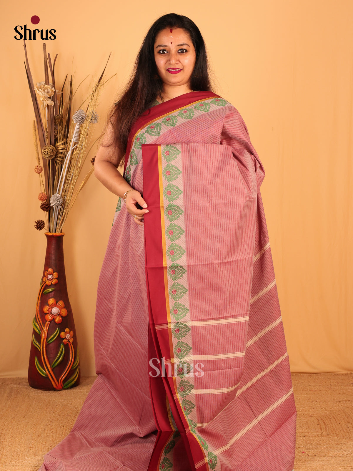 Onion Pink & Maroon- South Cotton Saree - Shop on Shrus.com