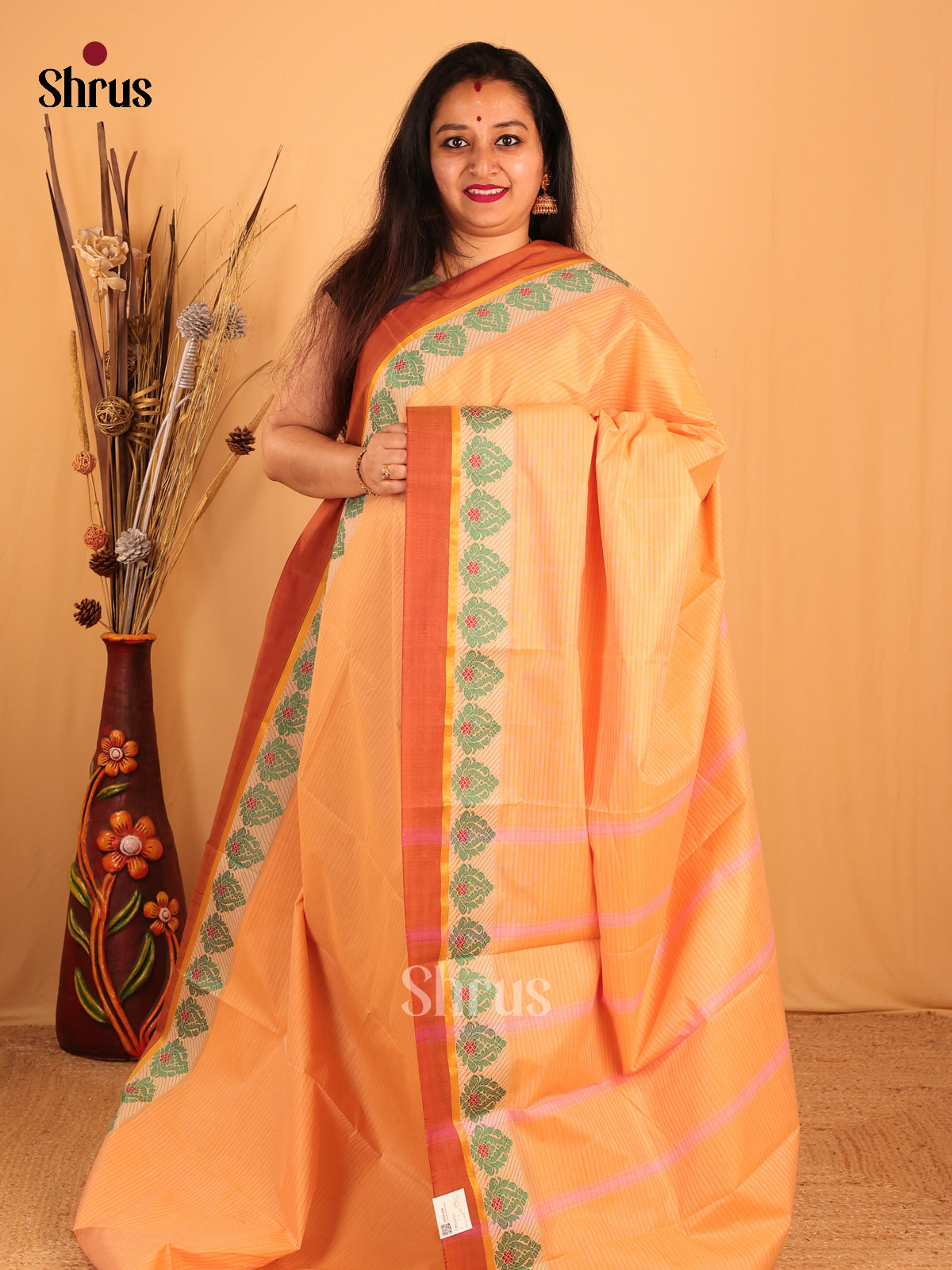 Peach & Brown- South Cotton Saree - Shop on Shrus.com